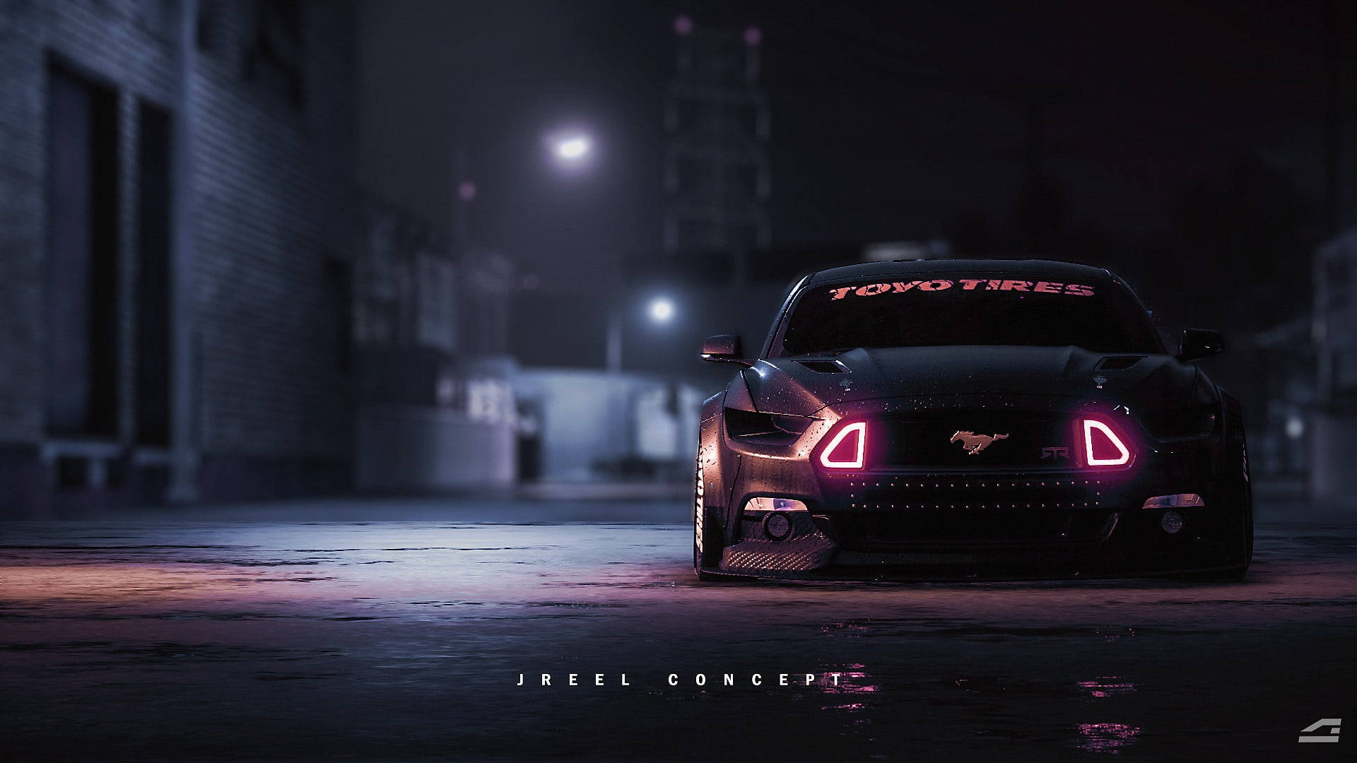 Ford Mustang, black, glowing pink headlights, Full HD Desktop Wallpaper