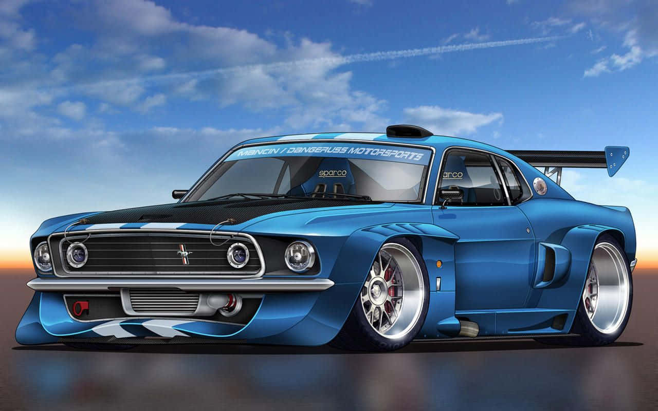 Ford Mustang, vibrant blue, large rear wing, HD Desktop Wallpaper
