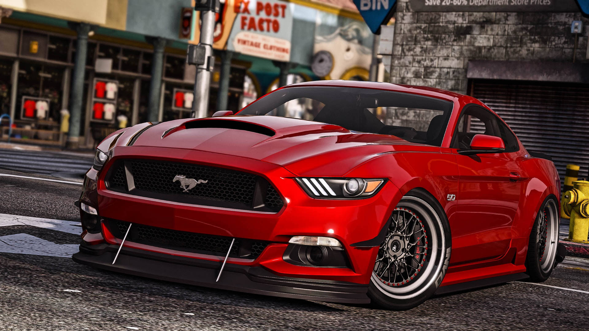 Ford Mustang, glossy red, city street, Full HD Desktop Wallpaper
