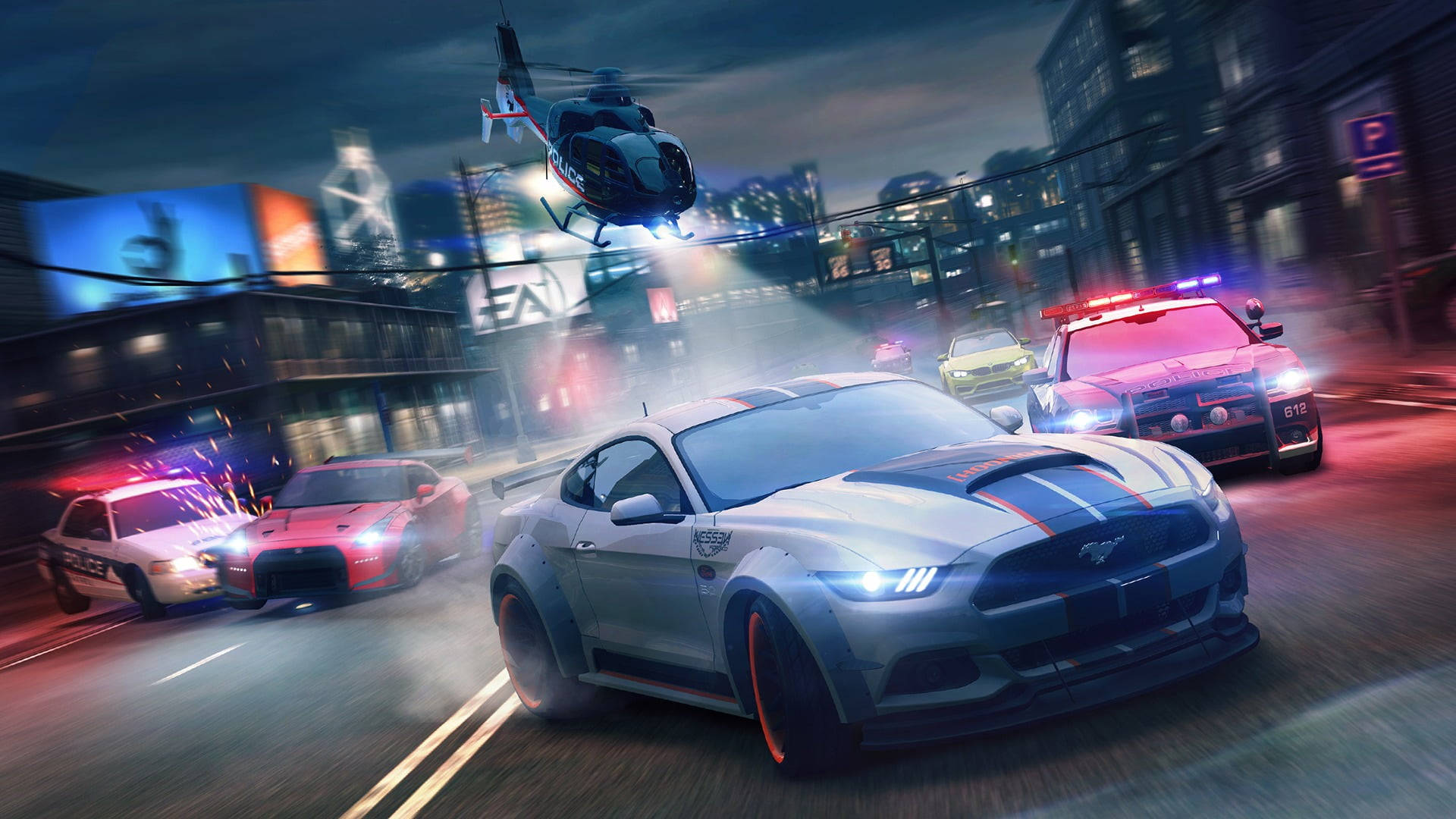 Ford Mustang, silver, neon-lit city street, Full HD Desktop Wallpaper