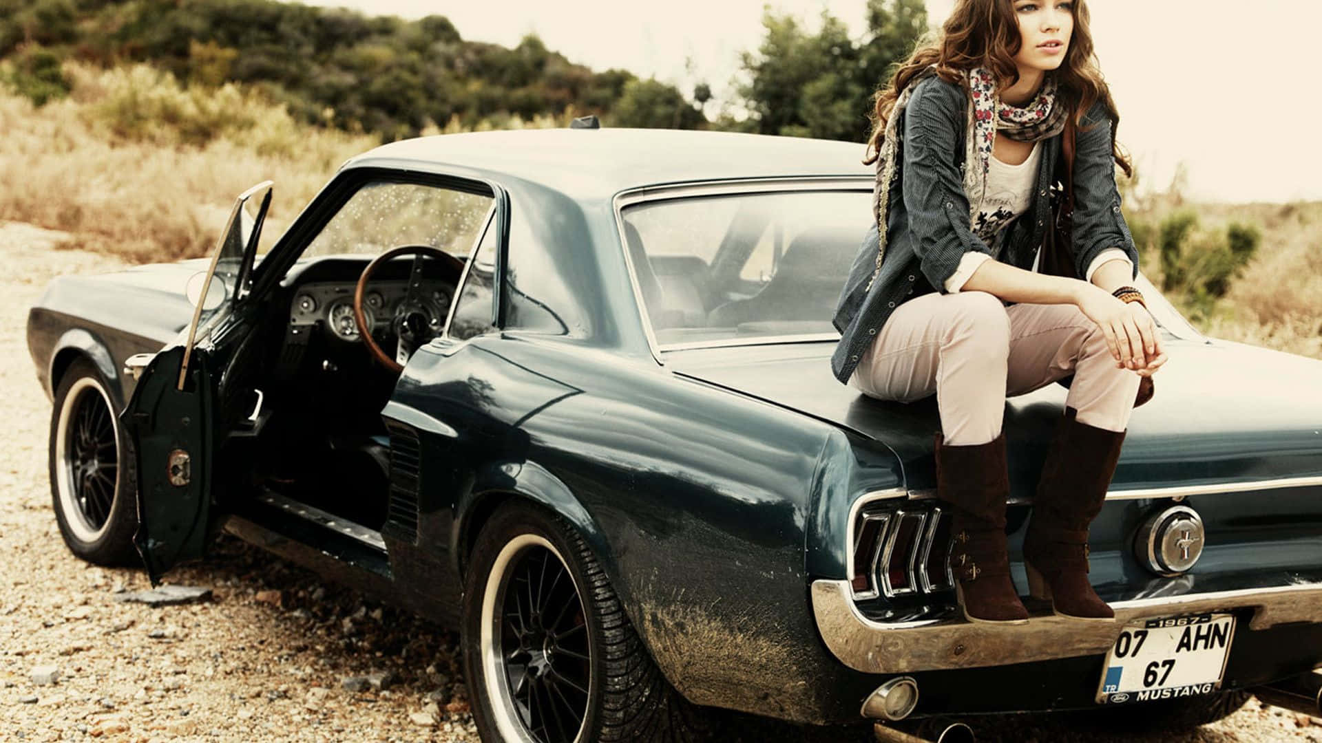 Retro Ford Mustang, vintage teal Mustang, woman in boots and scarf, Full HD Desktop Wallpaper