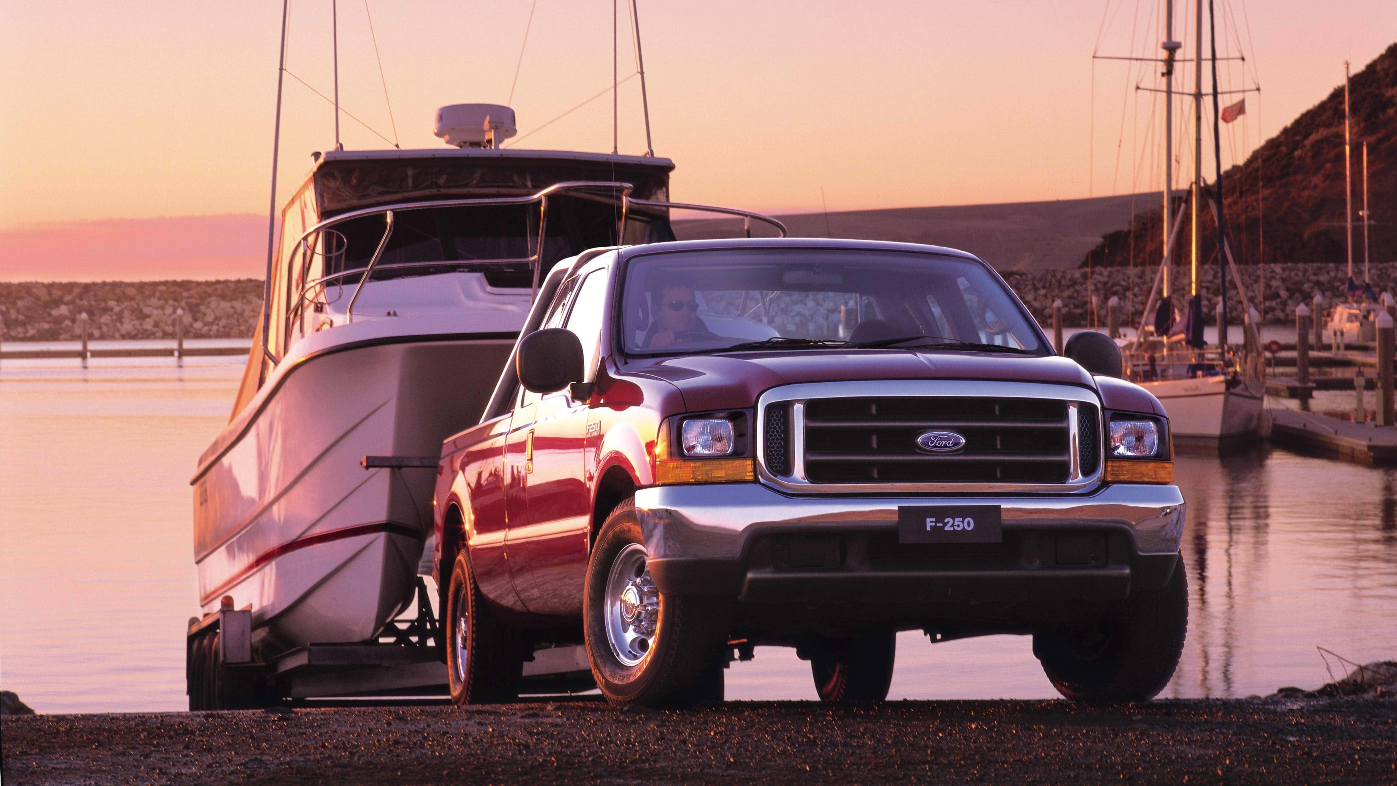 Ford F-250, maroon, white boat, 4K Desktop Wallpaper