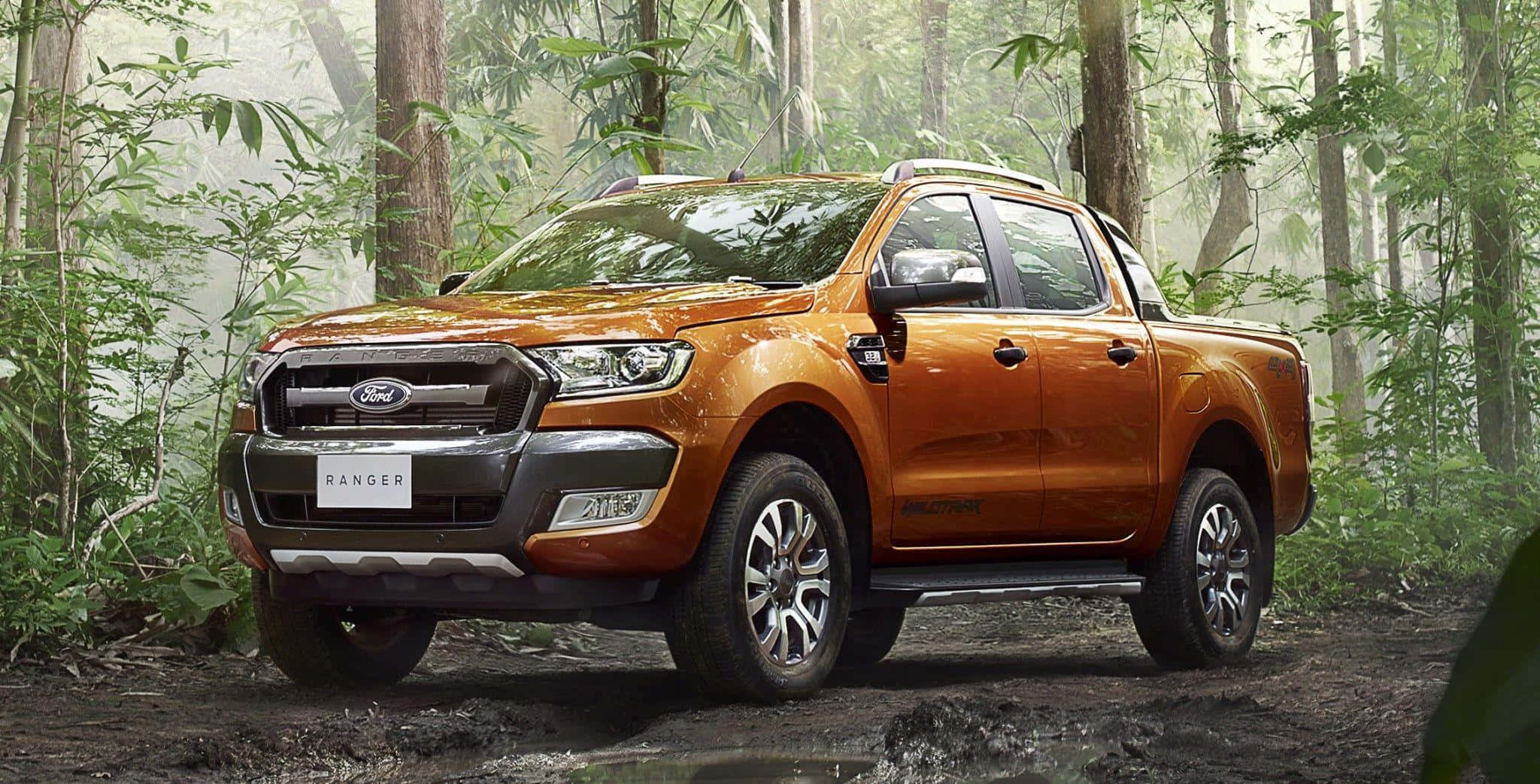 Ford Ranger, orange, muddy forest trail, Full HD Desktop Wallpaper