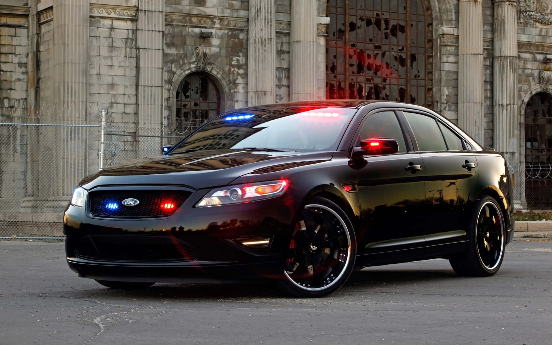 Ford Taurus, glossy black, flashing red and blue lights, Full HD Desktop Wallpaper