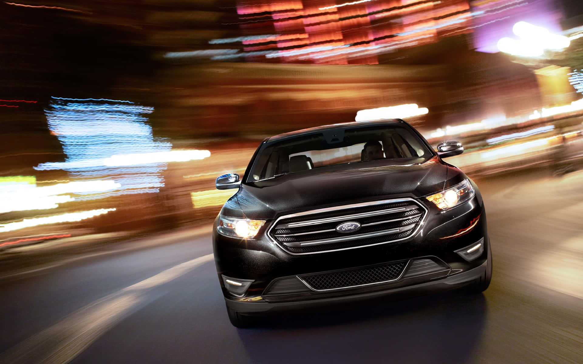 Ford Taurus, black, neon-lit city, Full HD Desktop Wallpaper