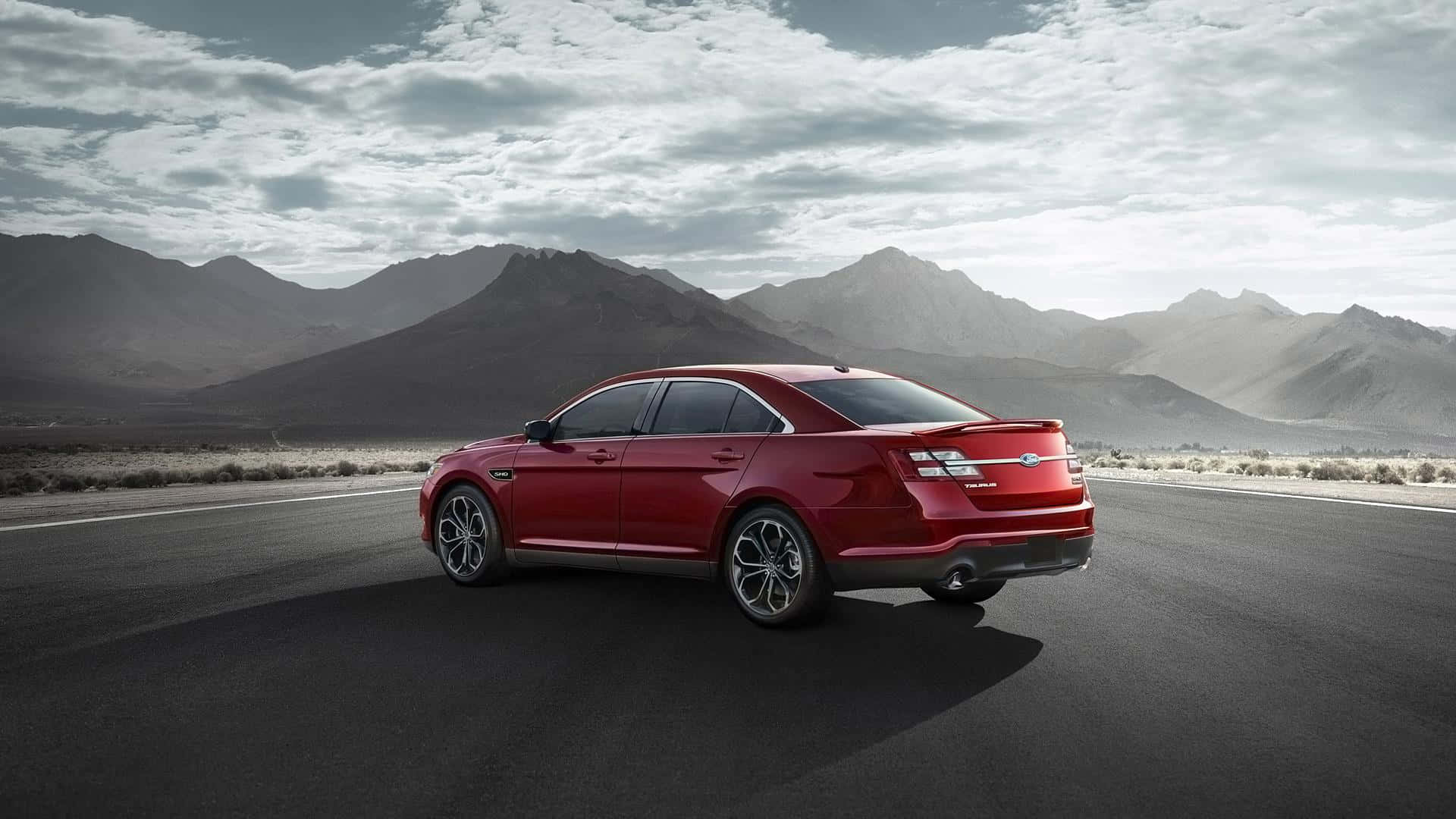 Ford Taurus, glossy red sedan, empty desert road, Full HD Desktop Wallpaper