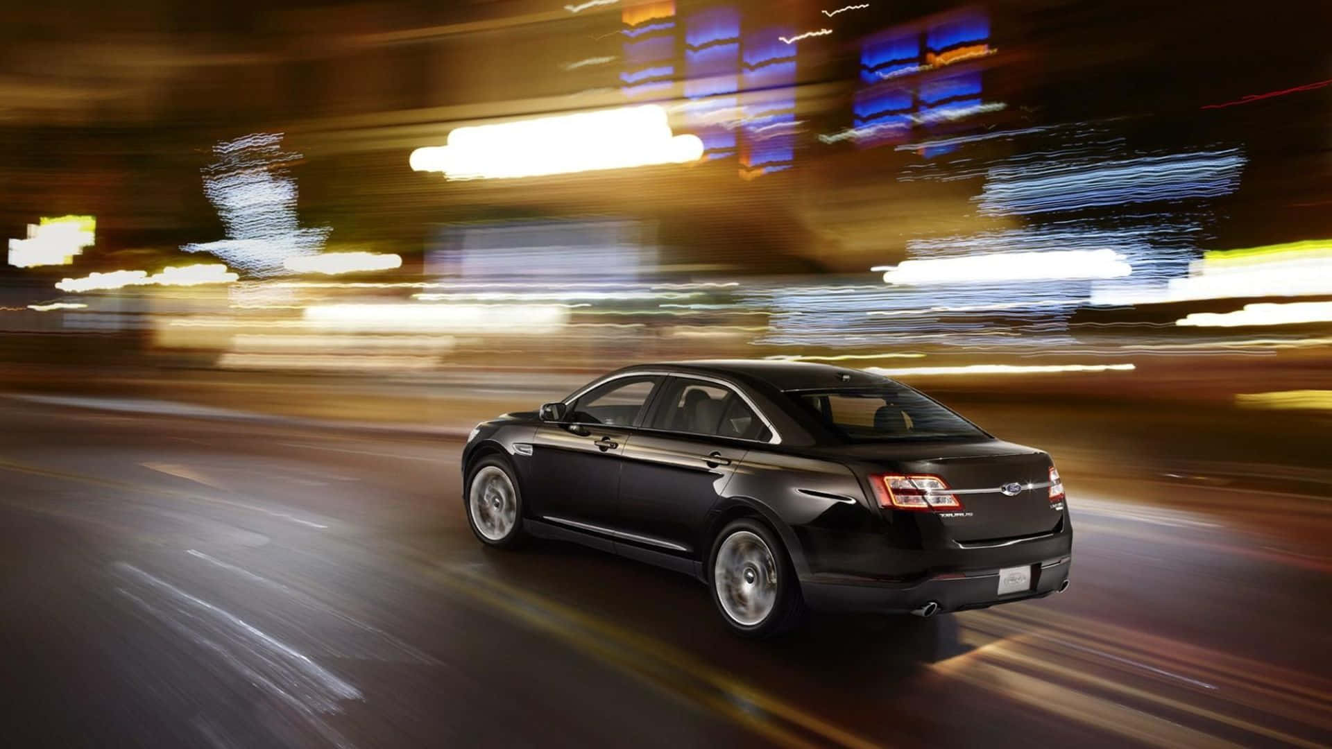 Ford Taurus, black sedan, neon-lit city, Full HD Desktop Wallpaper