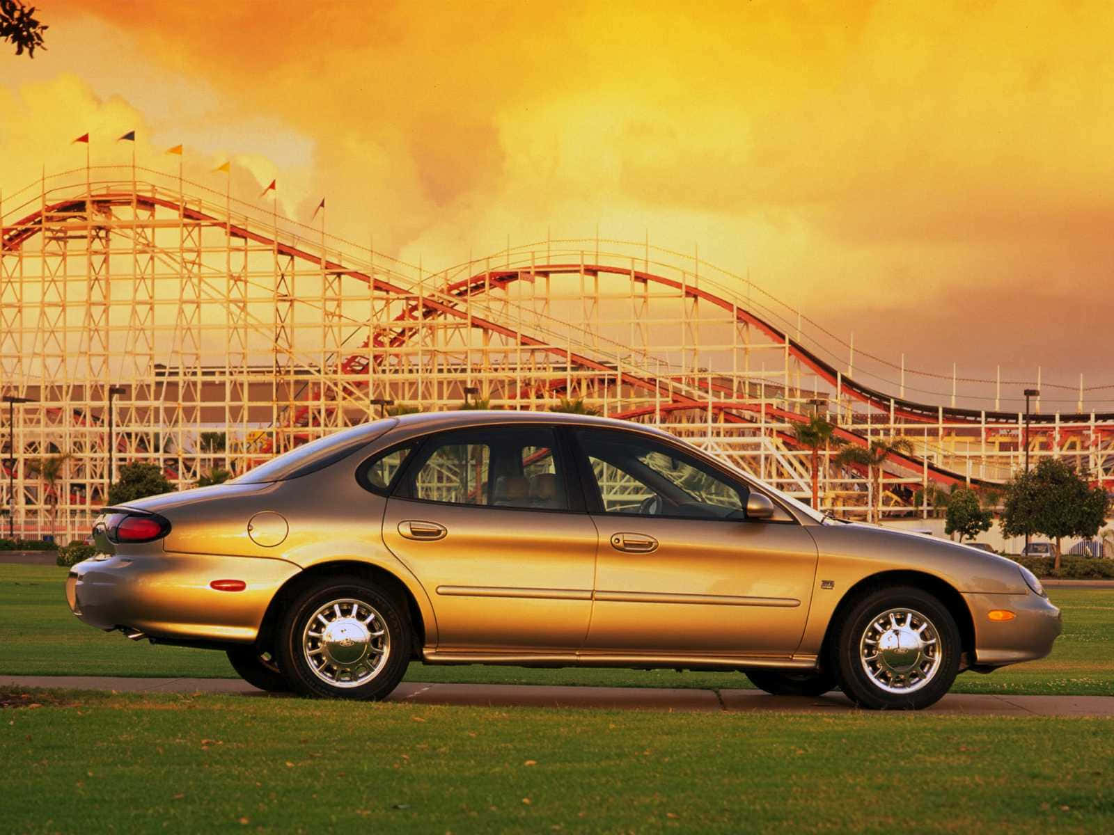 Ford Taurus, gold sedan, towering roller coaster, HD Desktop Wallpaper