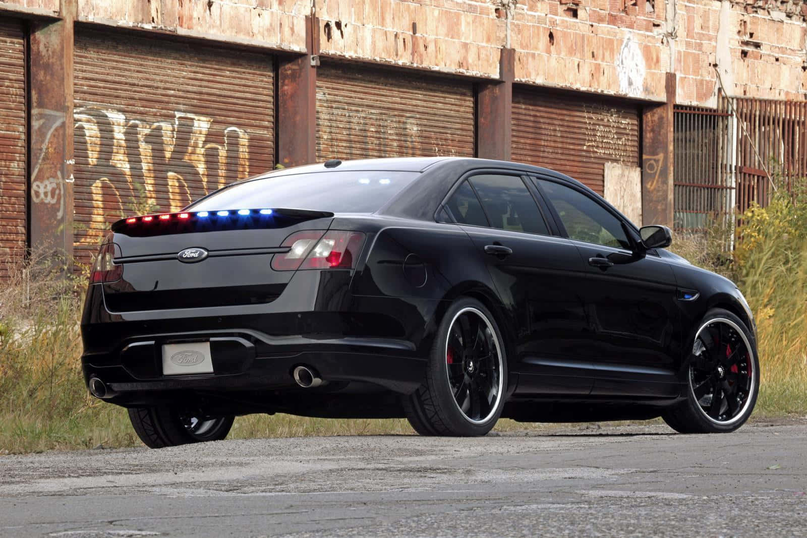 Ford Taurus, black, flashing blue lights, HD Desktop Wallpaper