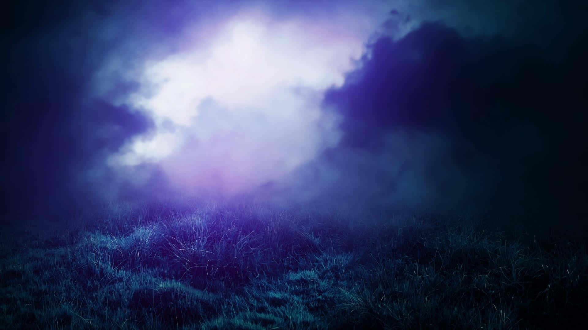 mystical purple and blue glowing light, dark clouds, misty grassy field, Full HD Desktop Wallpaper