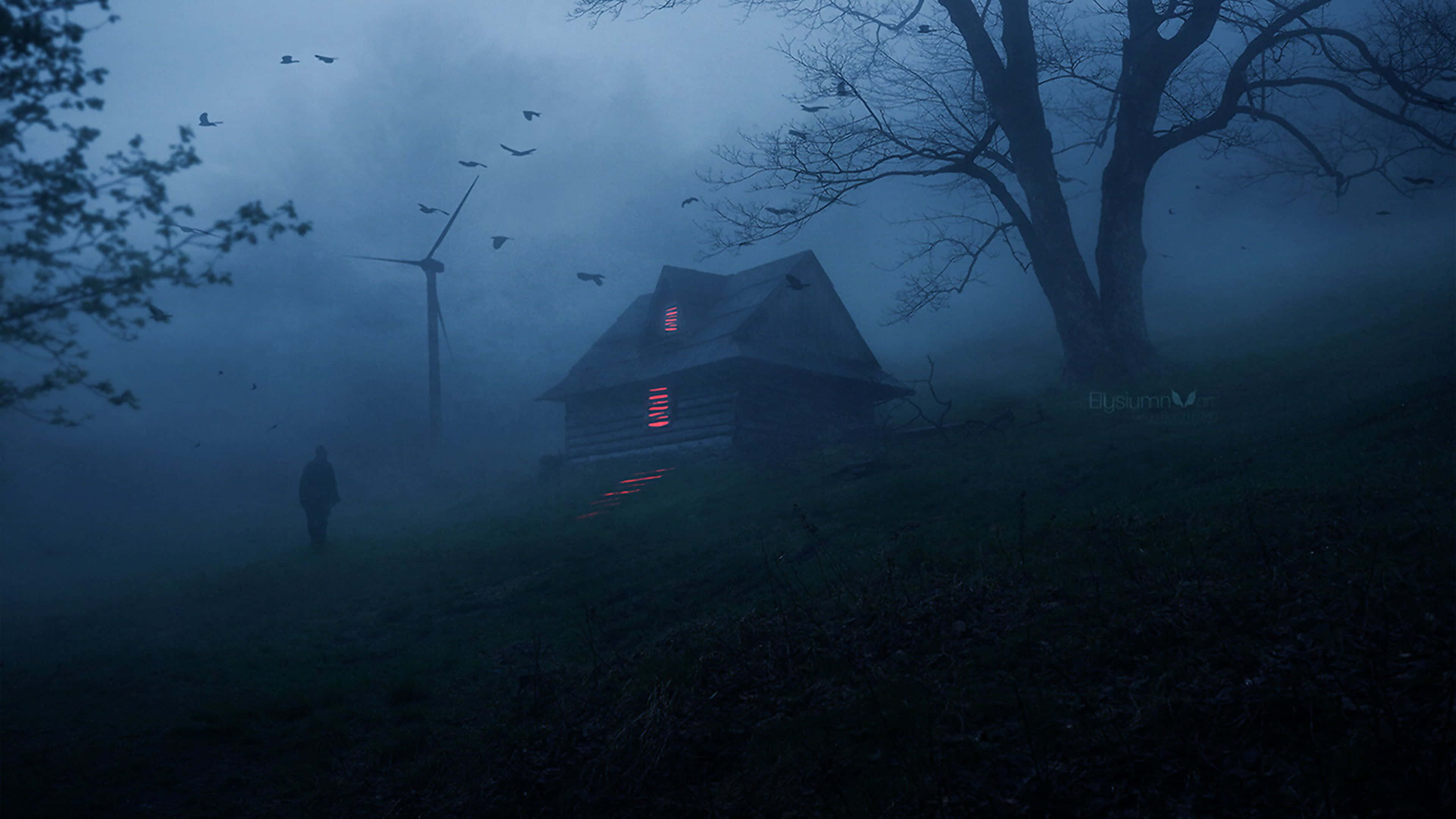 misty cabin, glowing red windows, haunting blue twilight, 4K Desktop Wallpaper