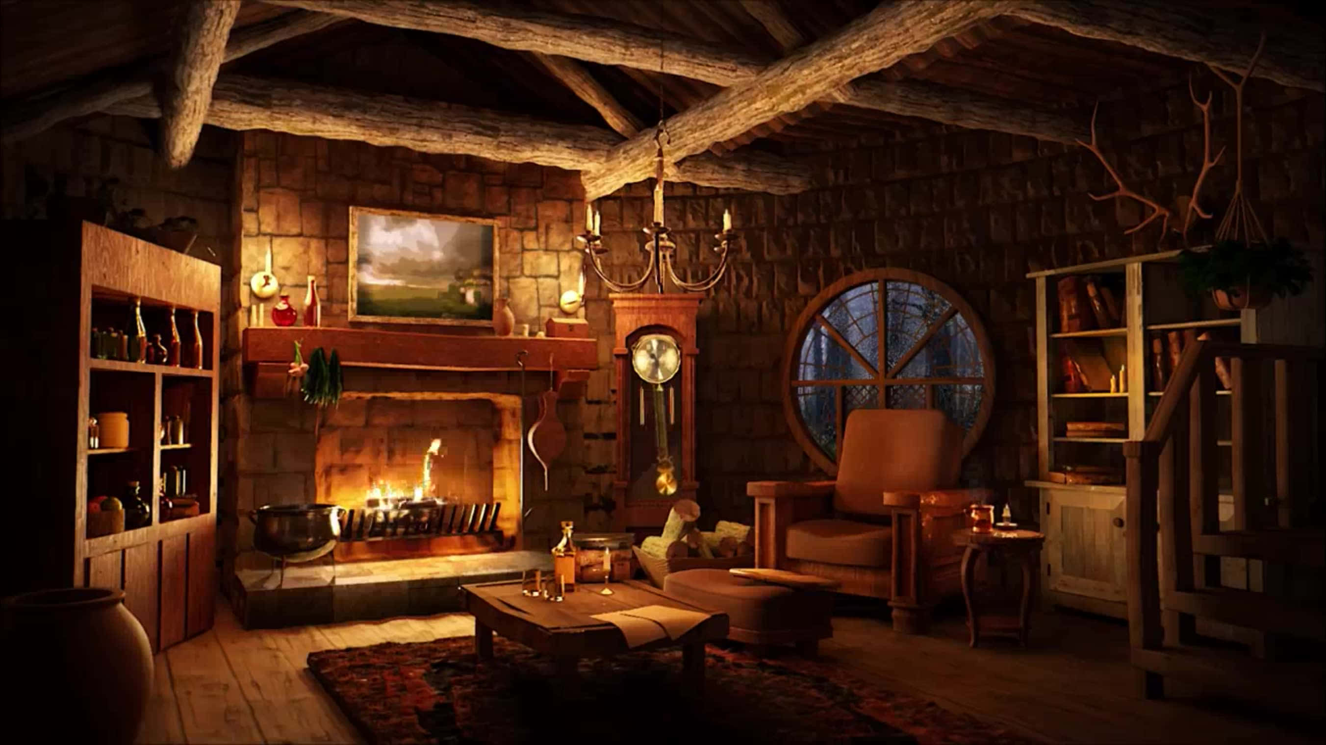 rustic cabin, stone fireplace, wooden beams, 2K Desktop Wallpaper
