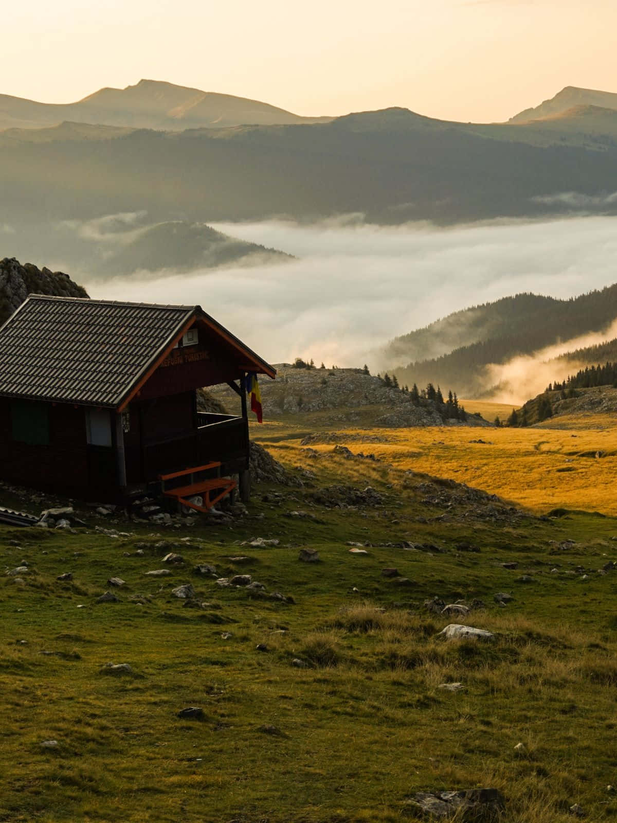 wooden mountain hut, sea of mist, golden sunlight, HD Phone Wallpaper