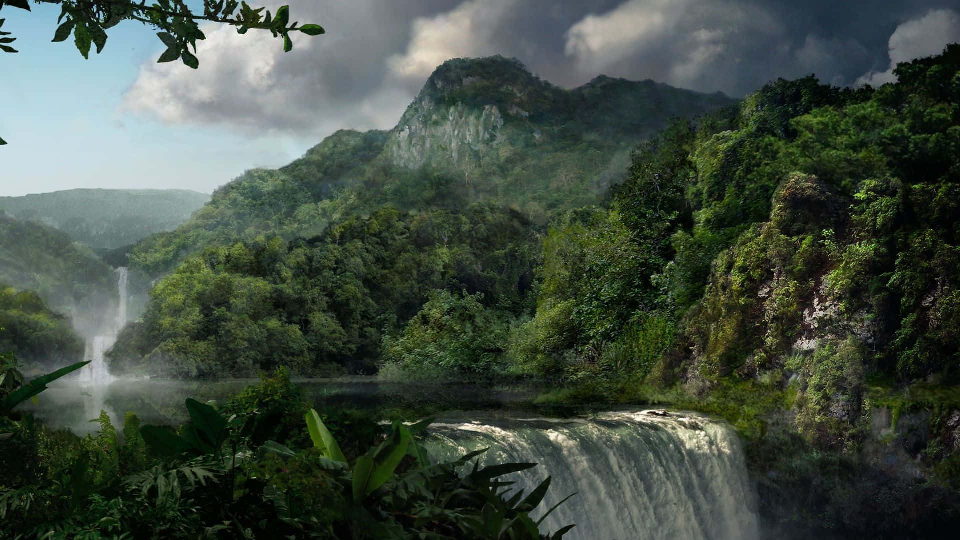 jungle desktop, misty waterfall, lush green jungle mountains, Full HD Desktop Wallpaper