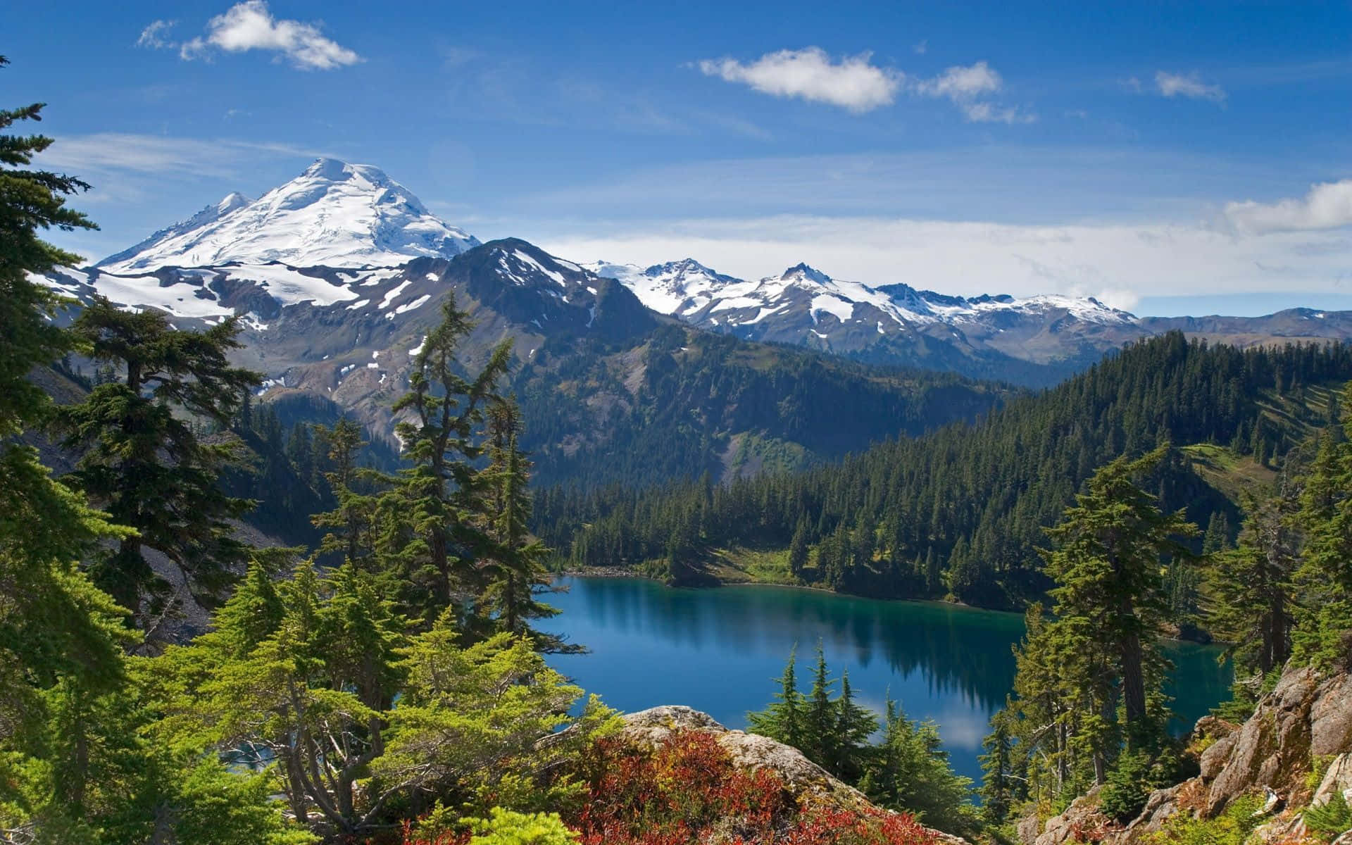 alpine lake, snowcapped mountain, bright blue sky, Full HD Desktop Wallpaper
