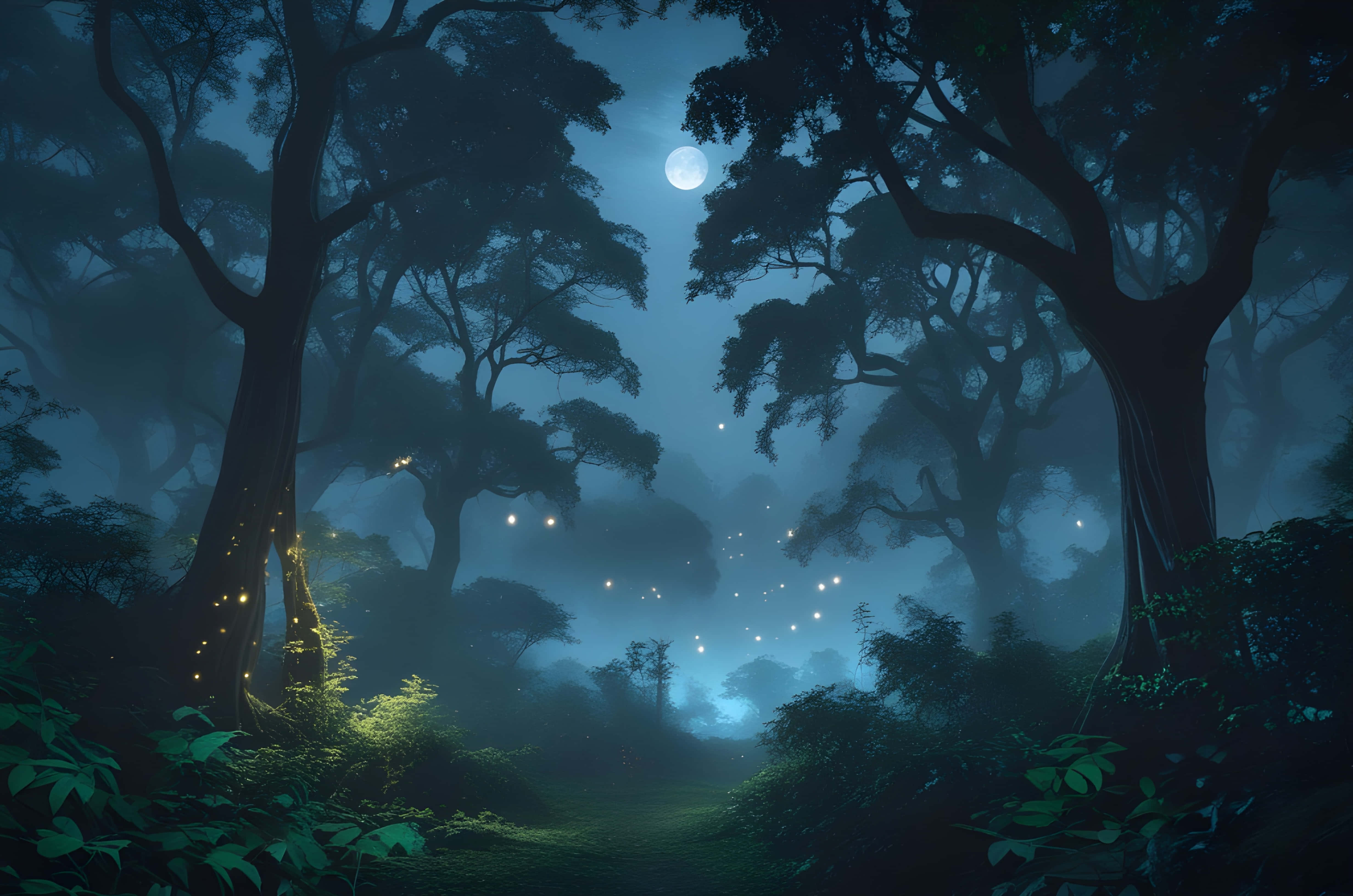 Night jungle view, moonlight, ancient trees, 4K Desktop Wallpaper