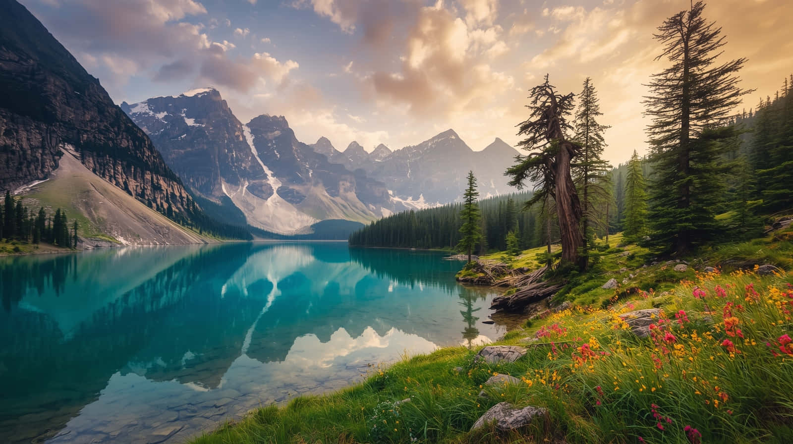 Alpine Wildflowers, Sunset Glow, Glacial Lake, HD Desktop Wallpaper