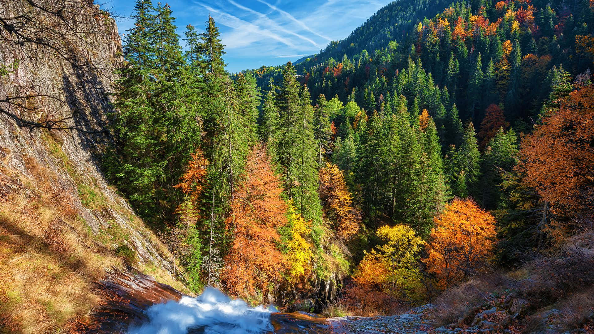Forest Green, 1920 x 1080, autumn waterfall, Full HD Desktop Wallpaper