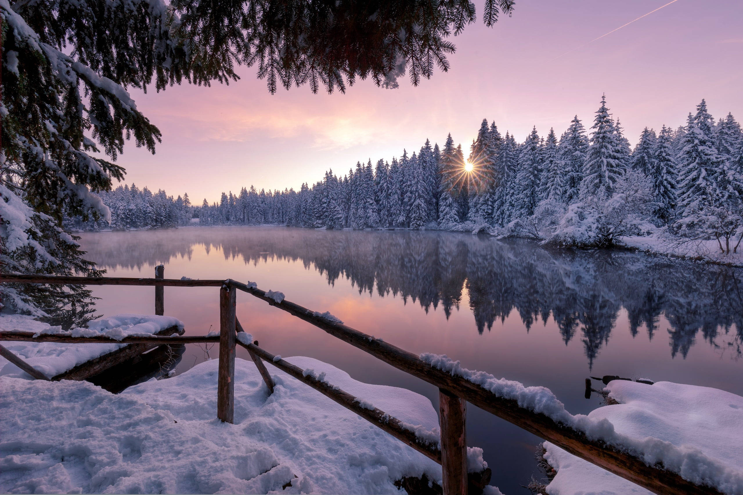 snowy forest lake, wooden railing, winter lake, 2K Desktop Wallpaper