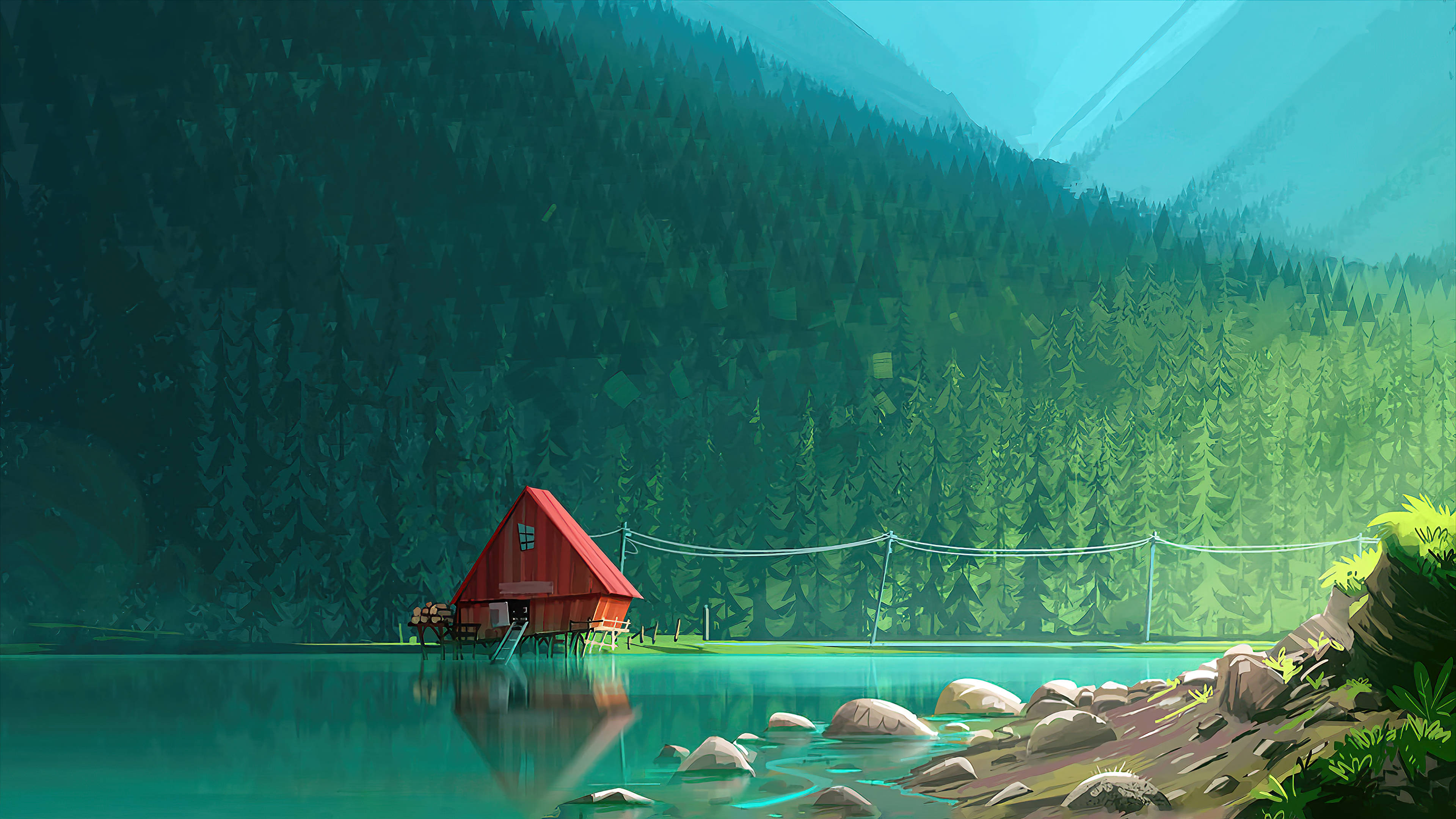green forest lake, vibrant red cabin, stilts, 4K Desktop Wallpaper