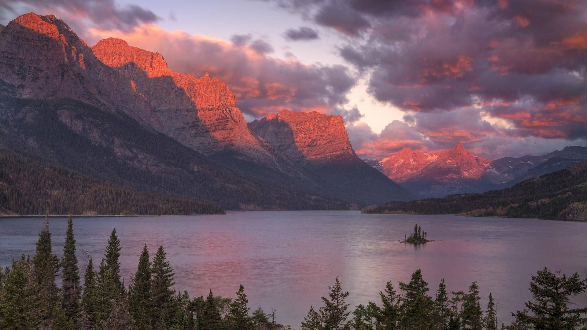 Sunset Montana Lake, sunset, pink and purple clouds, Full HD Desktop Wallpaper