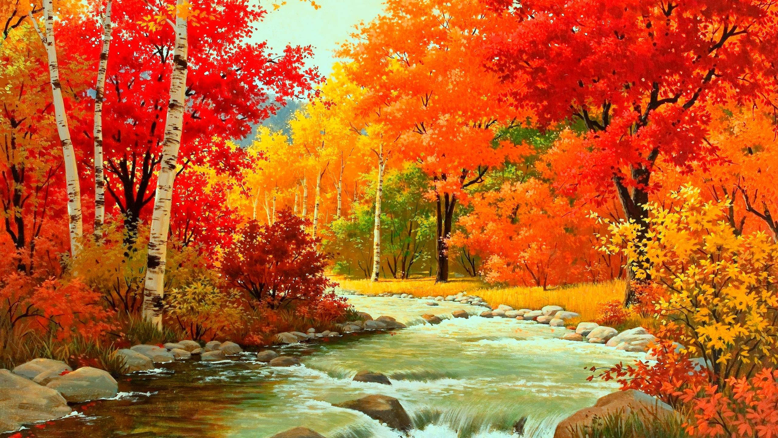 2560x1440, fall stream, trees, 2K Desktop Wallpaper