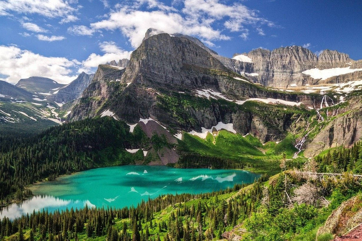 cloudy montana lake, turquoise lake, snow-dusted granite peaks, SD Desktop Wallpaper
