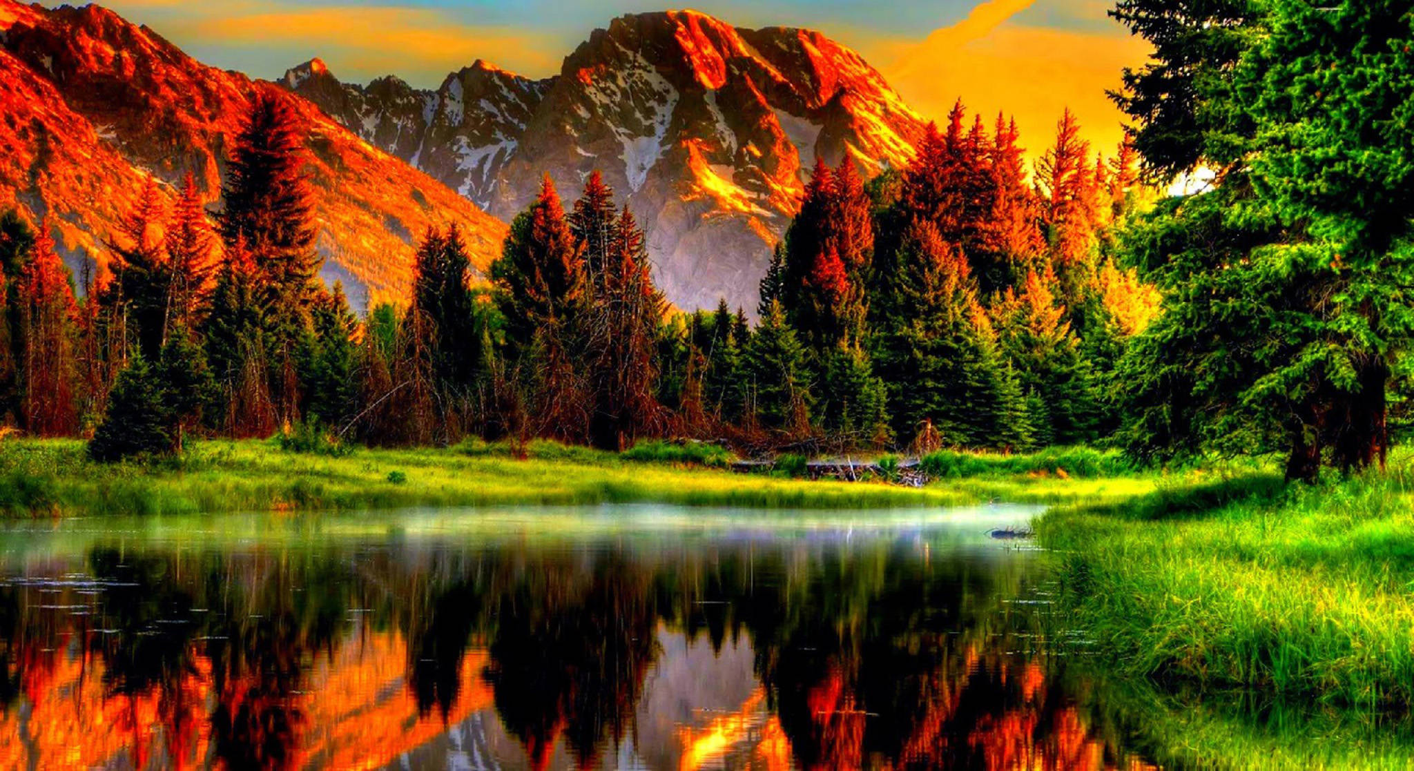 fall aesthetic, forest lake, sunset, Full HD Desktop Wallpaper