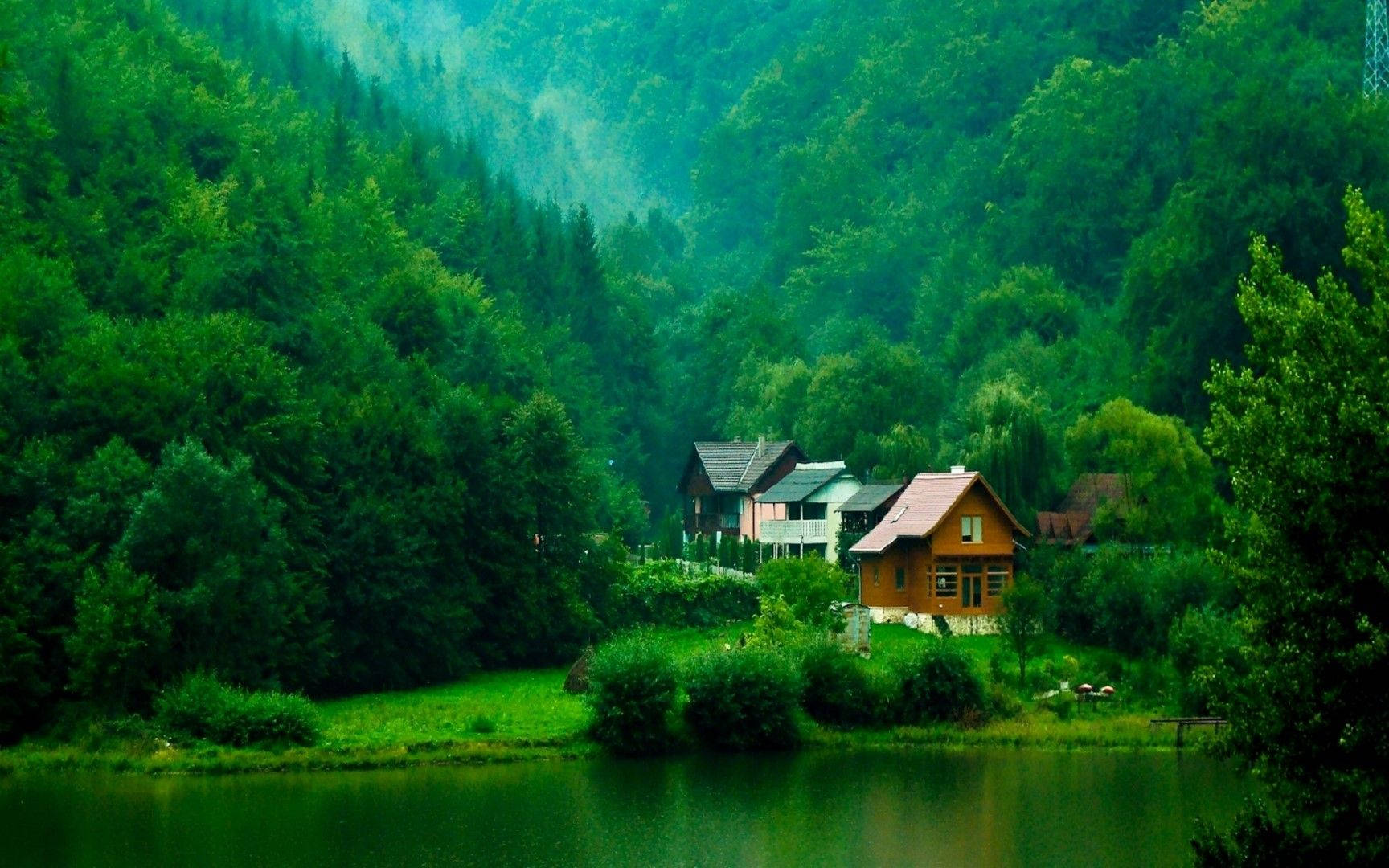Forest Lake, lakeside village, lush green forests, HD Desktop Wallpaper