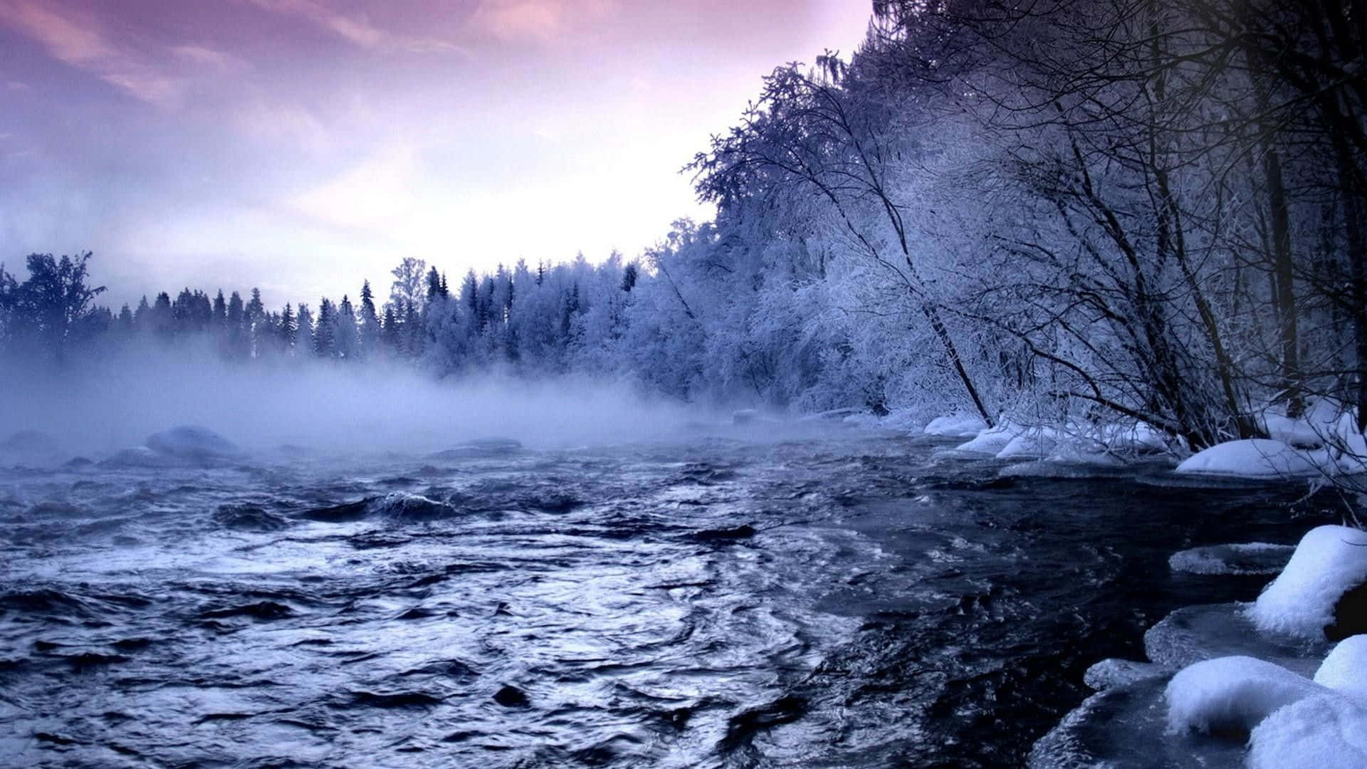 winter river, snowy forest, purple twilight sky, Full HD Desktop Wallpaper