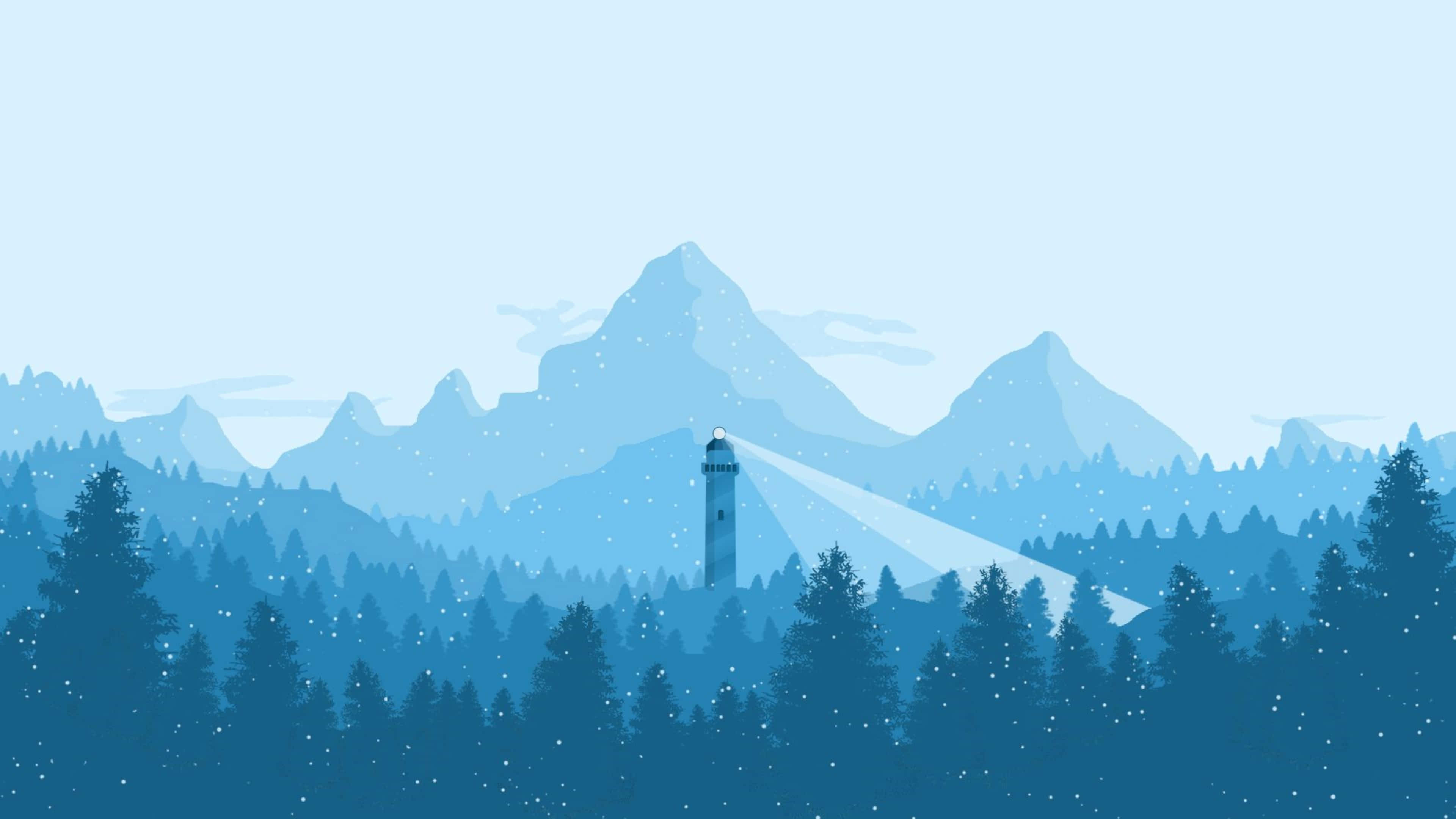 lighthouse, falling snow, serene blue mountain forest, 4K Desktop Wallpaper