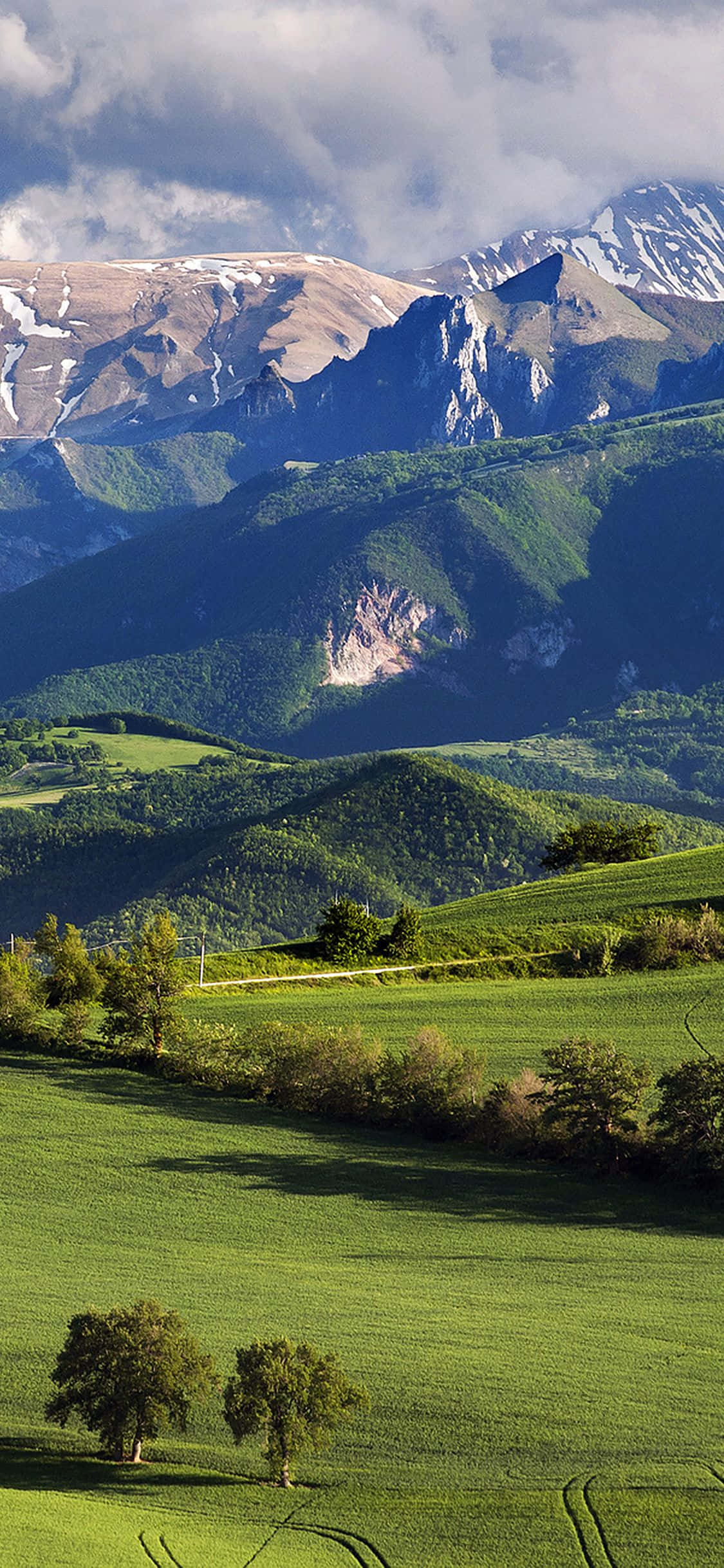 Green Mountain Landscape, vast green hills, snow-capped mountains, Full HD Phone Wallpaper