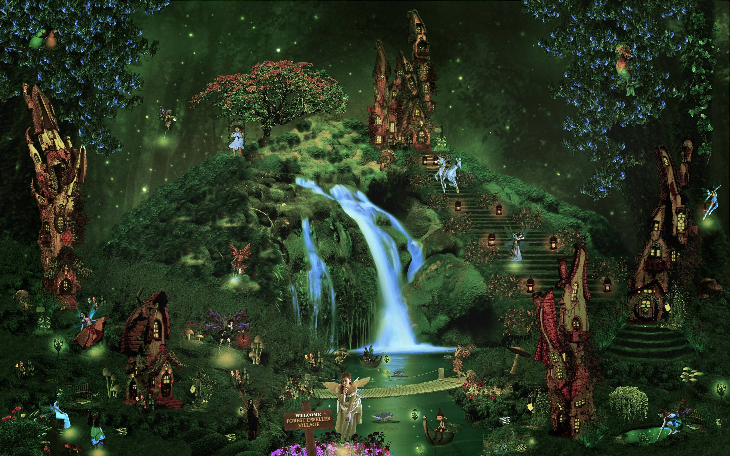 enchanted forest, fairy village, bioluminescent lights, 2K Desktop Wallpaper