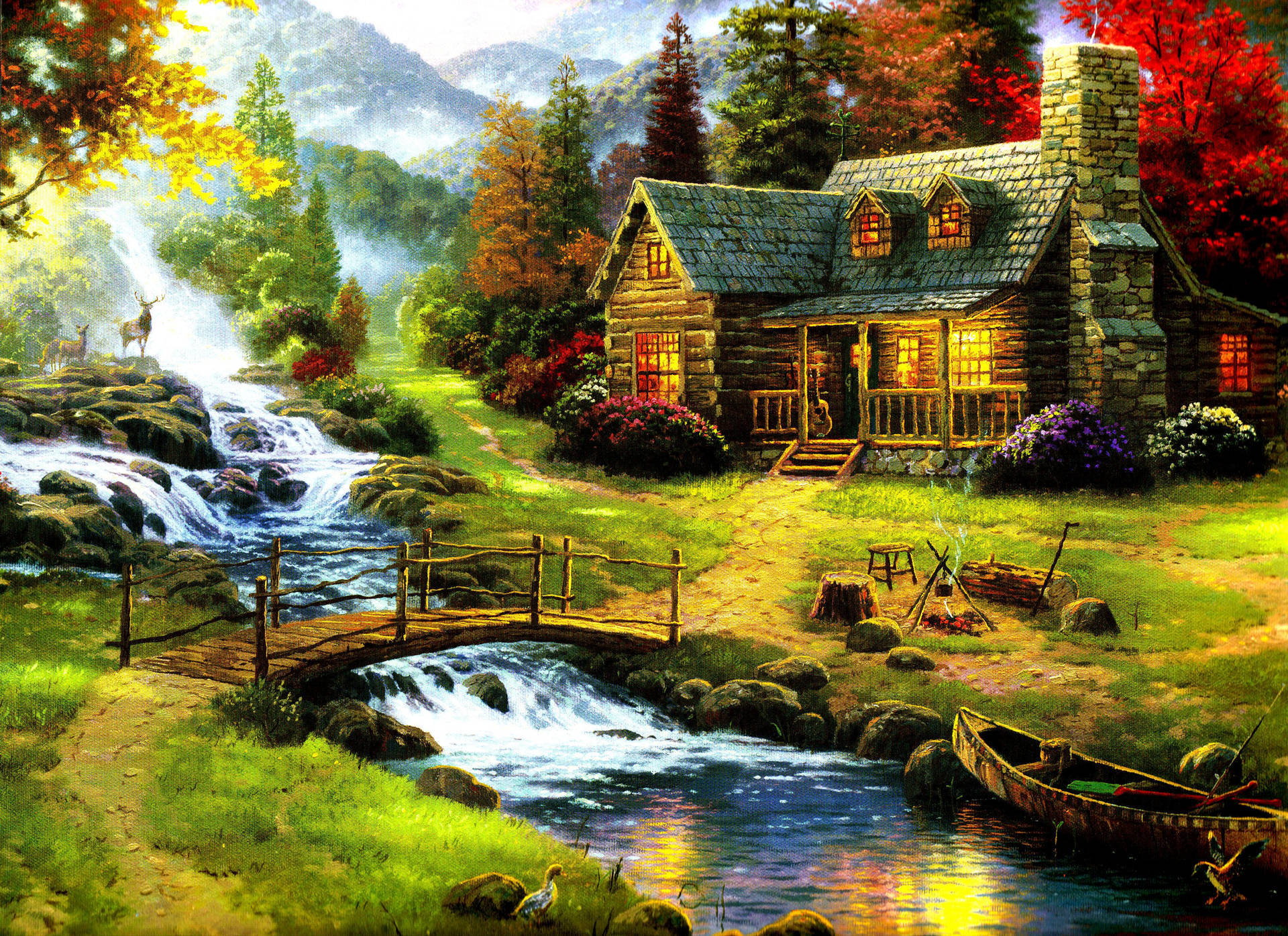 stone cabin, rushing river, autumn trees, Full HD Desktop Wallpaper