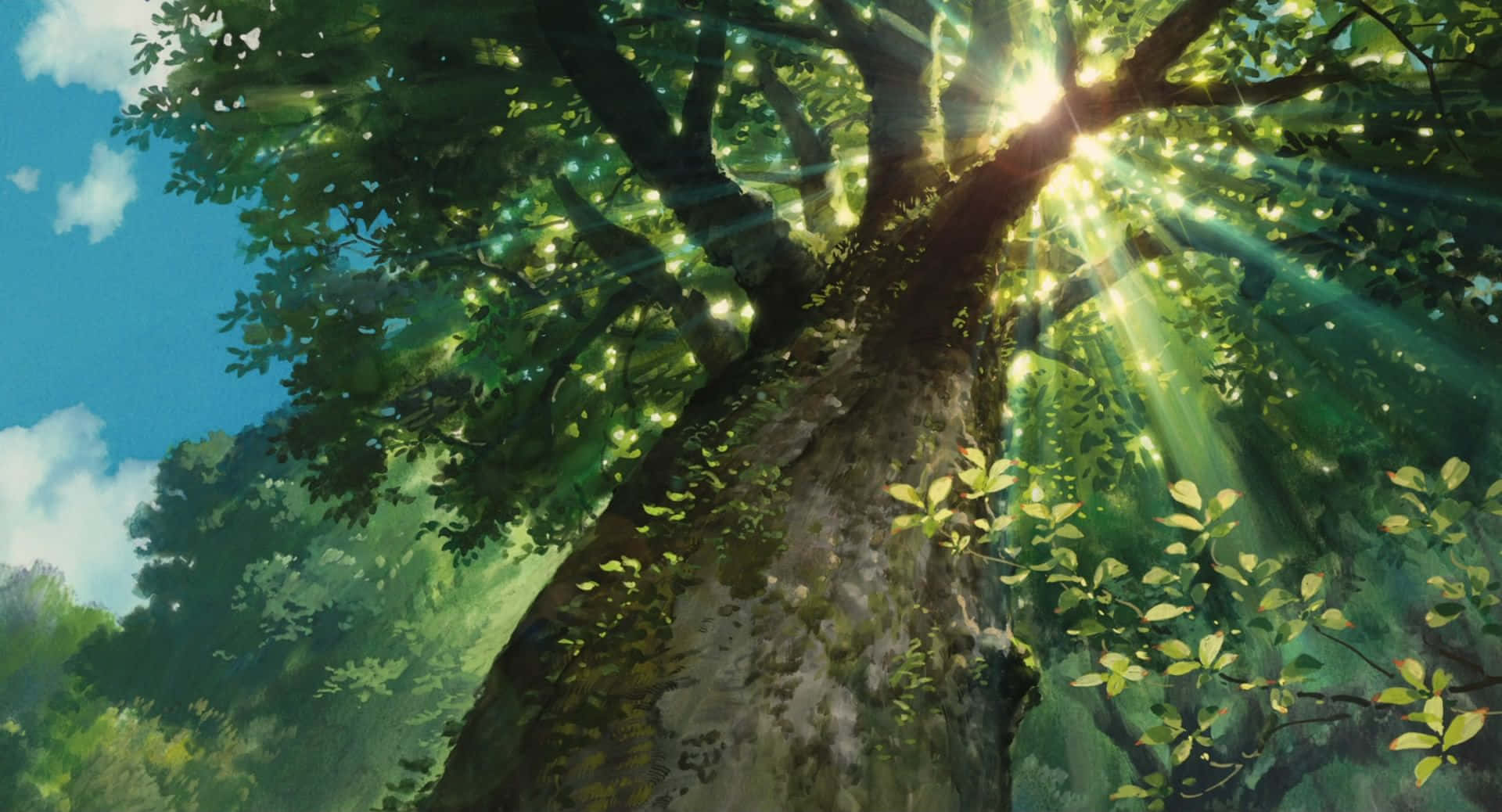 Anime Forest Tree, towering ancient tree, golden rays, Full HD Desktop Wallpaper