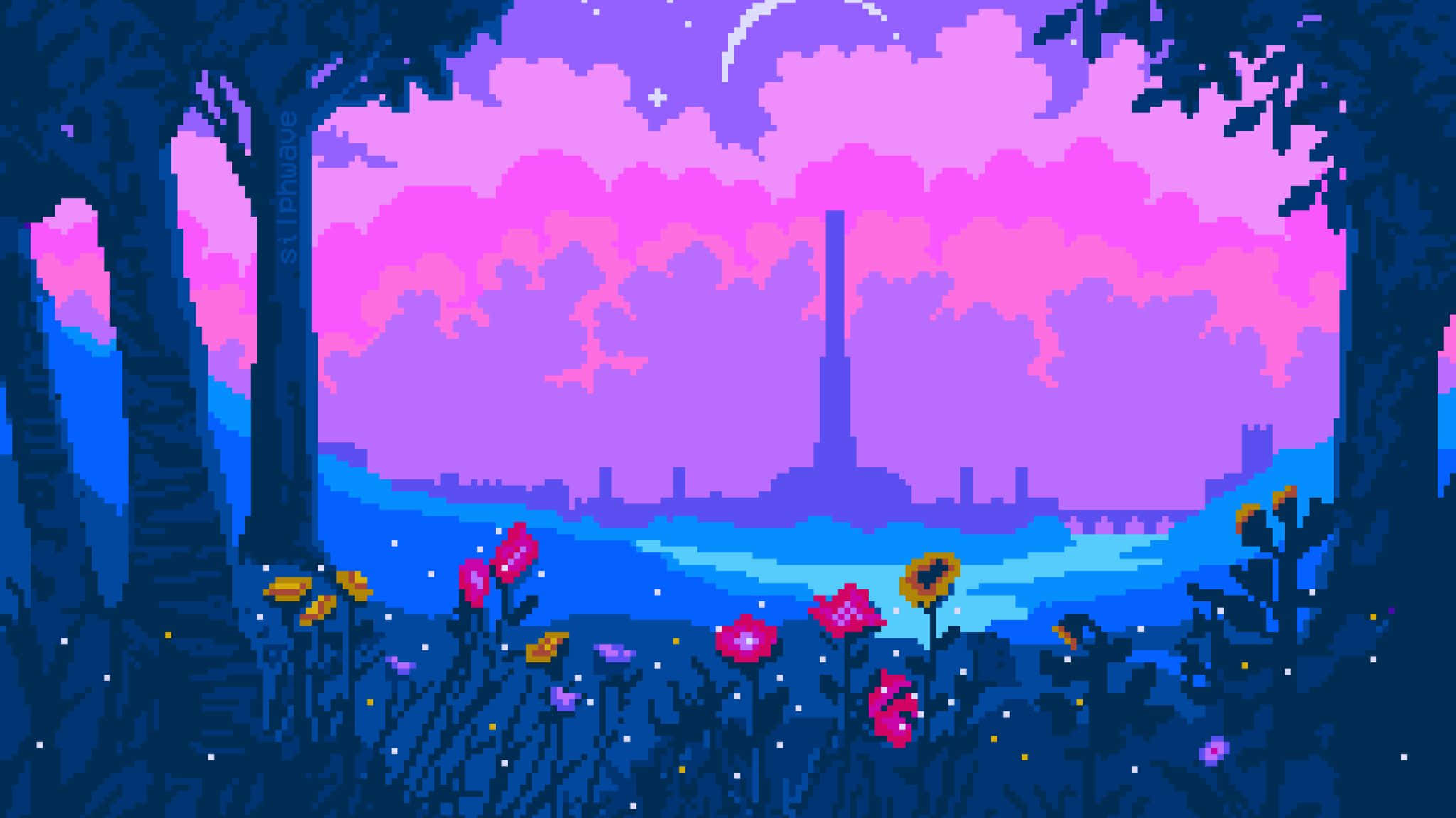 pink purple sky, glowing flowers, twilight, Full HD Desktop Wallpaper