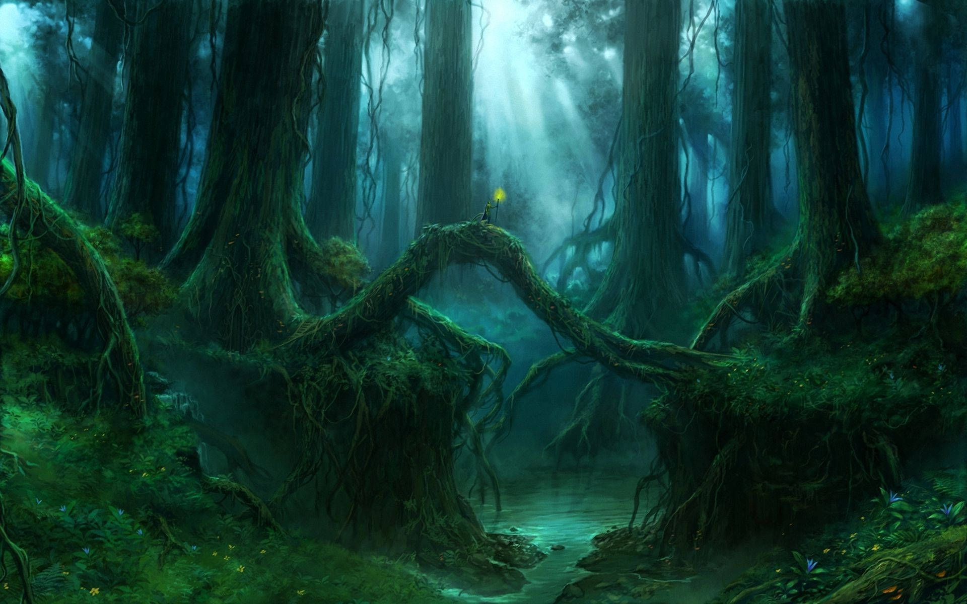 enchanted forest, ancient mossy trees, glowing yellow lantern, Full HD Desktop Wallpaper