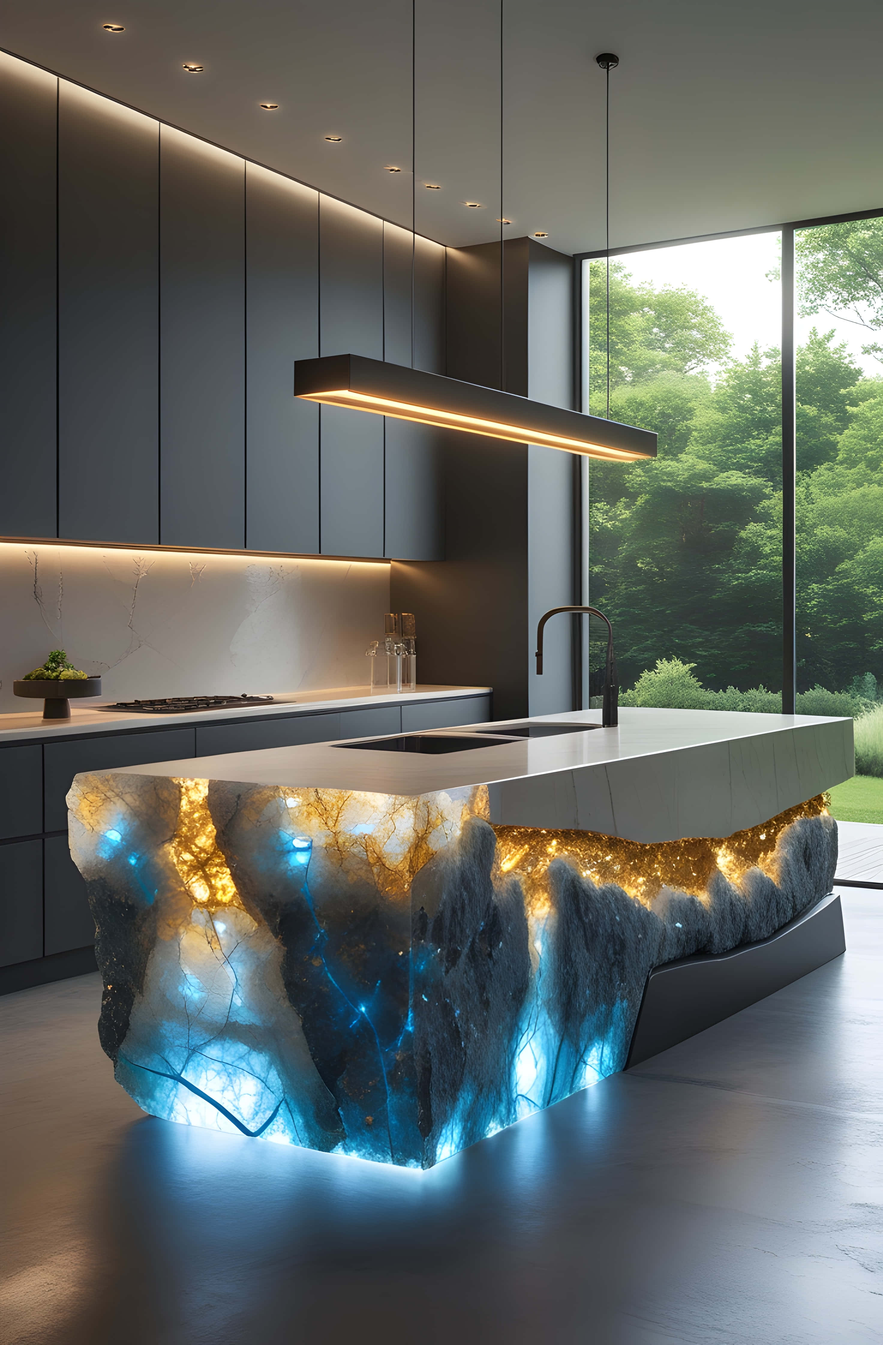 backlit stone kitchen, glowing blue and gold crystalline island, sleek pendant lights, 4K Phone Wallpaper