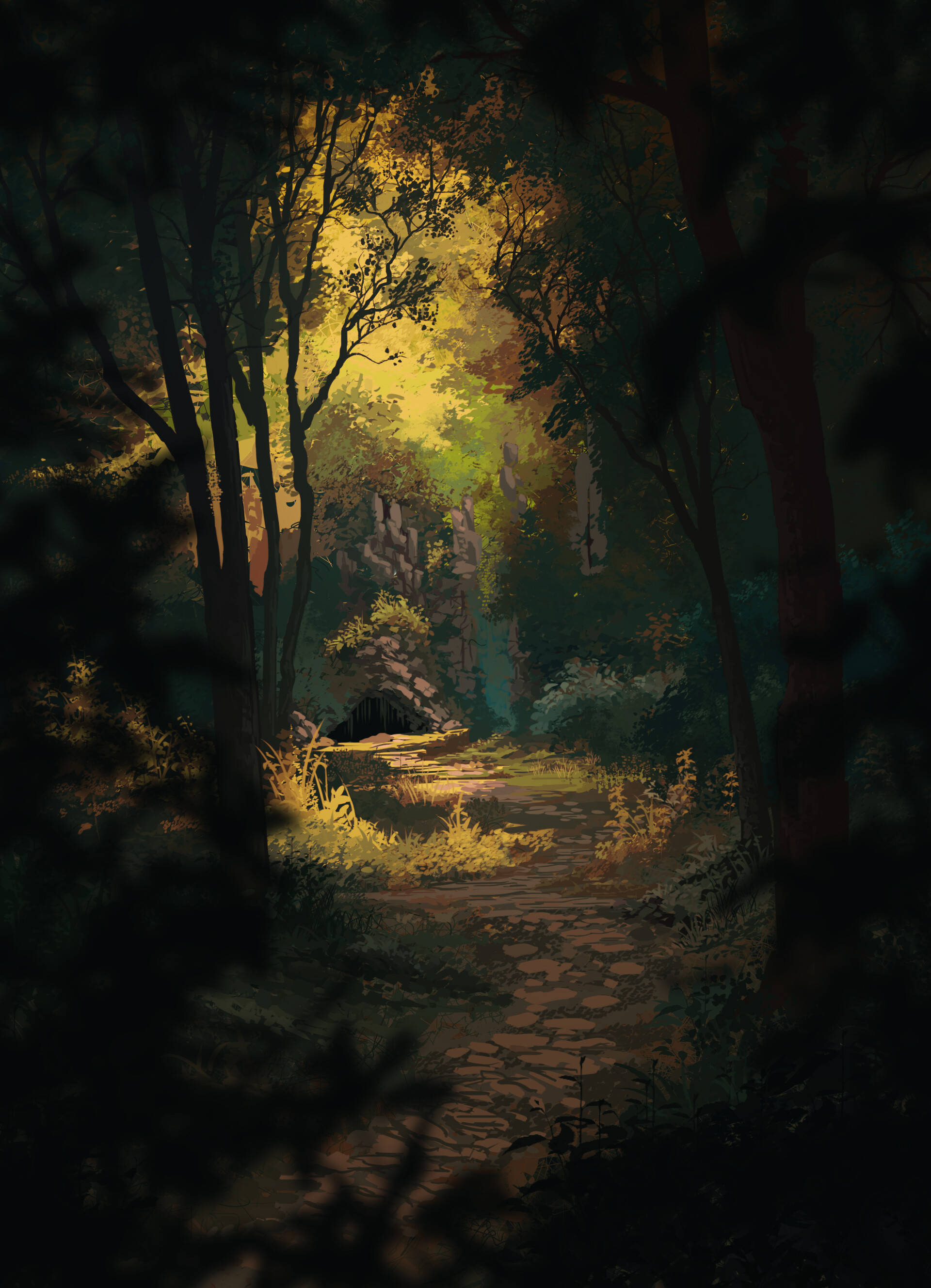 Forest Whitaker, sunlit forest path, dense trees, 2K Phone Wallpaper