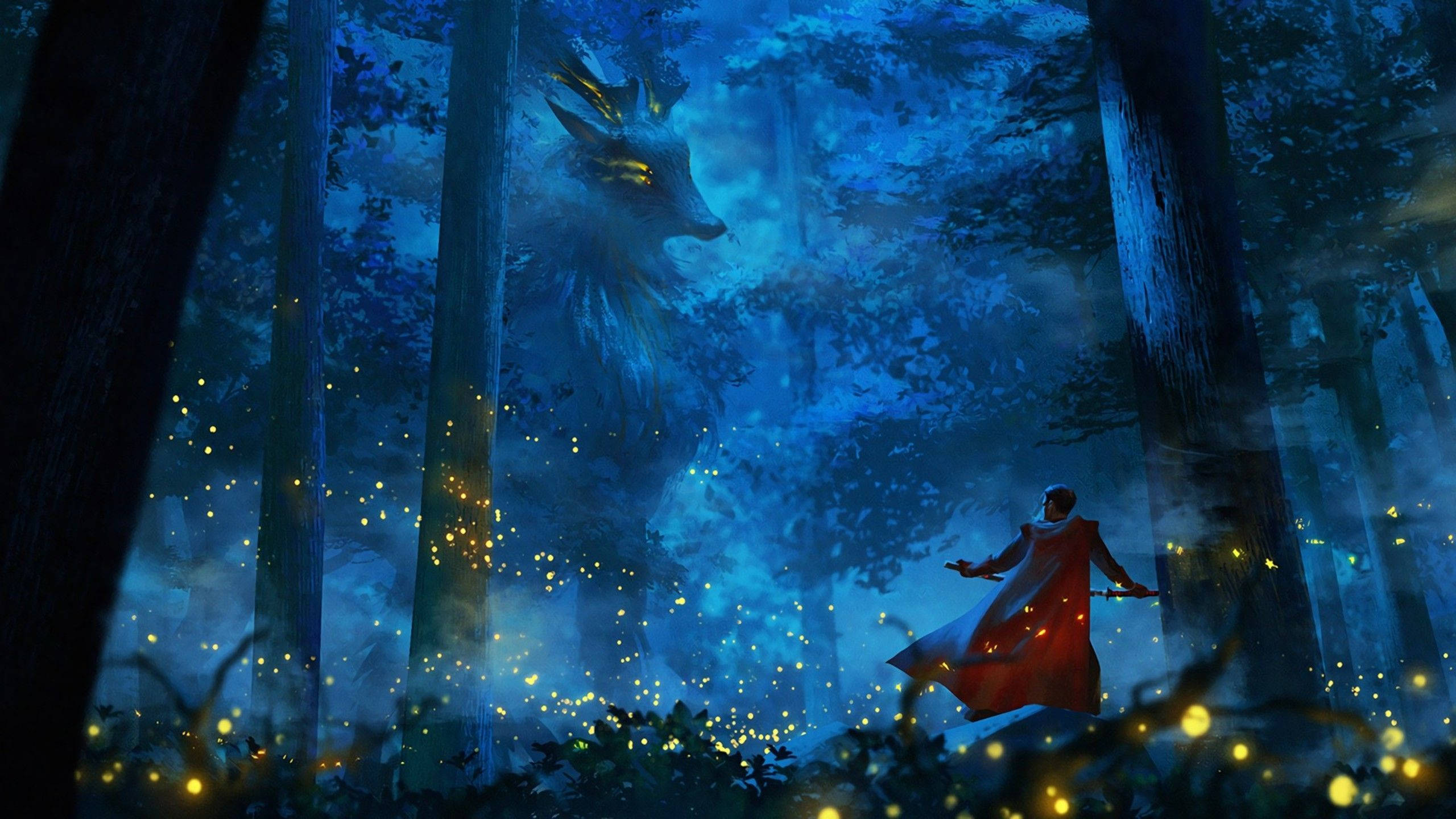 red cloak, misty blue forest, glowing mythical deer, 2K Desktop Wallpaper