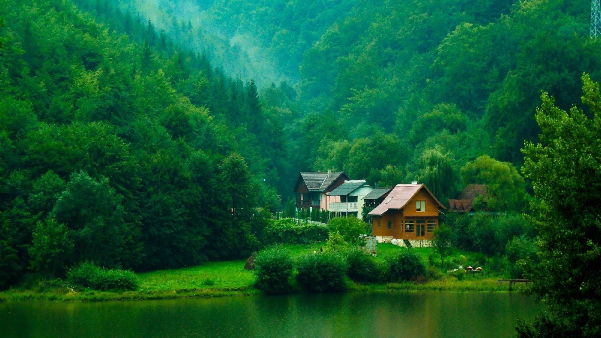 forest lake house, lakeside village, lush green forests, Full HD Desktop Wallpaper
