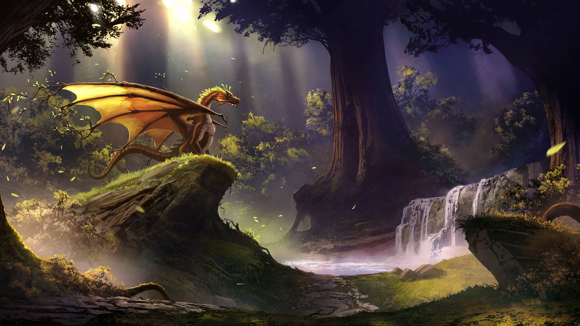 golden dragon, mossy rock, mystical forest, Full HD Desktop Wallpaper