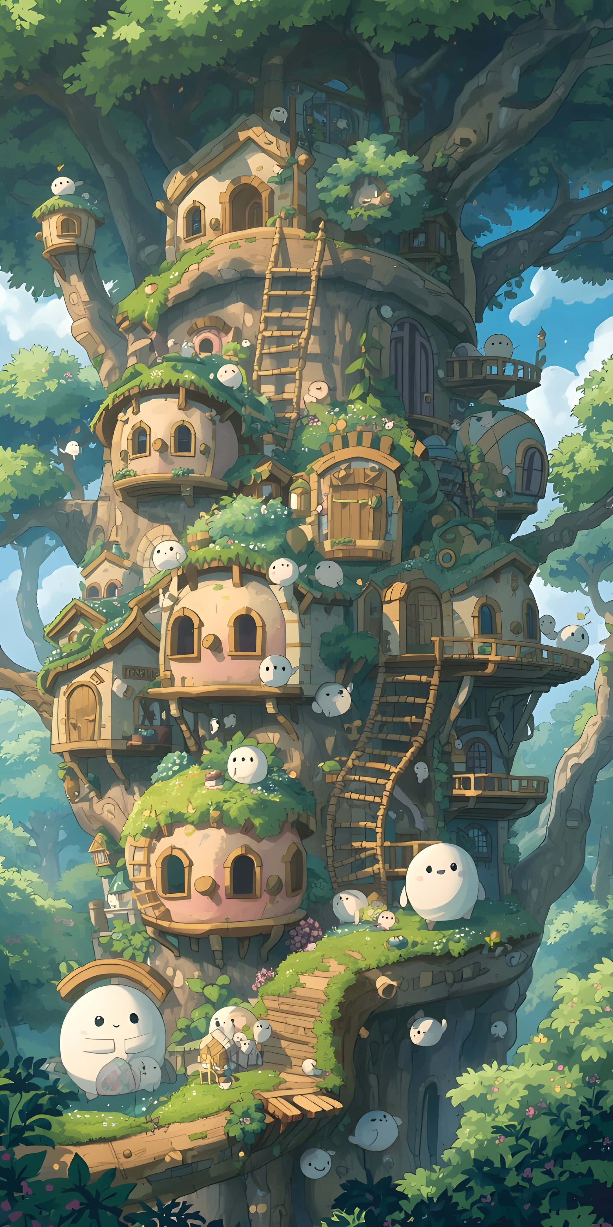 magical woodland tree village, anime style, giant tree, 4K Phone Wallpaper