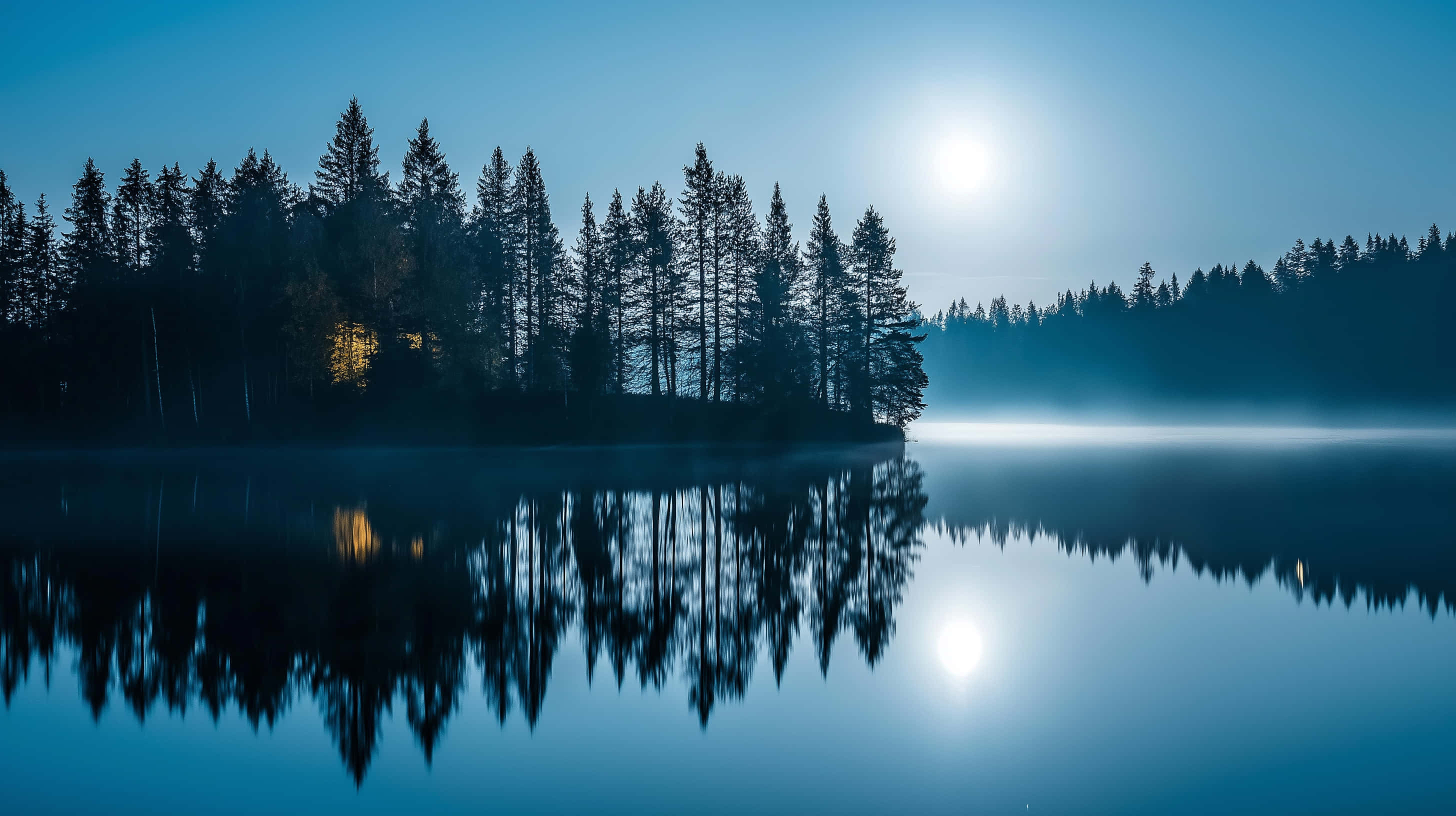 moonlit lake, misty lake, tall pine trees, 2K Desktop Wallpaper
