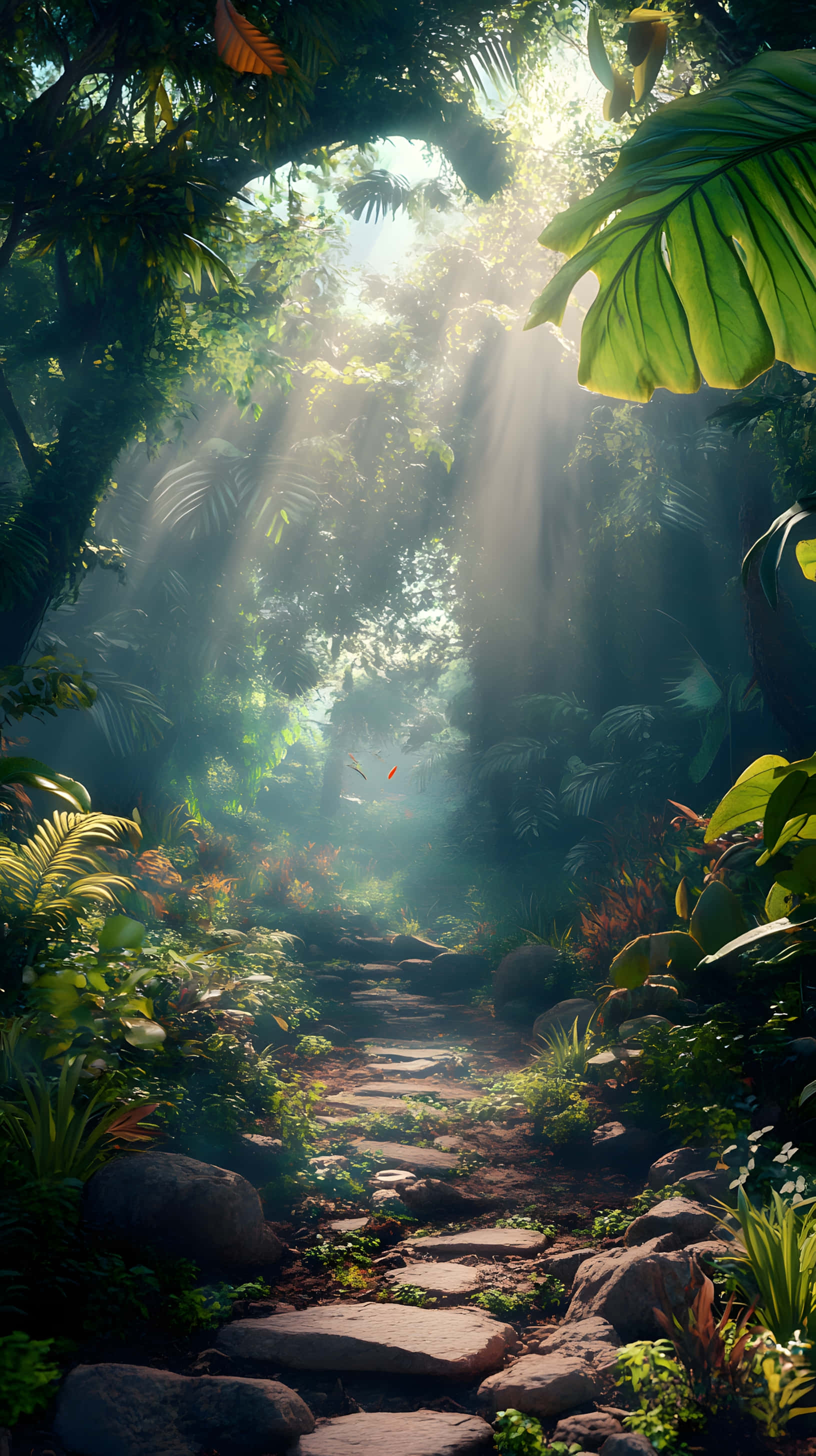 tropical jungle canopy, sunlight beams, mossy stone path, 2K Phone Wallpaper