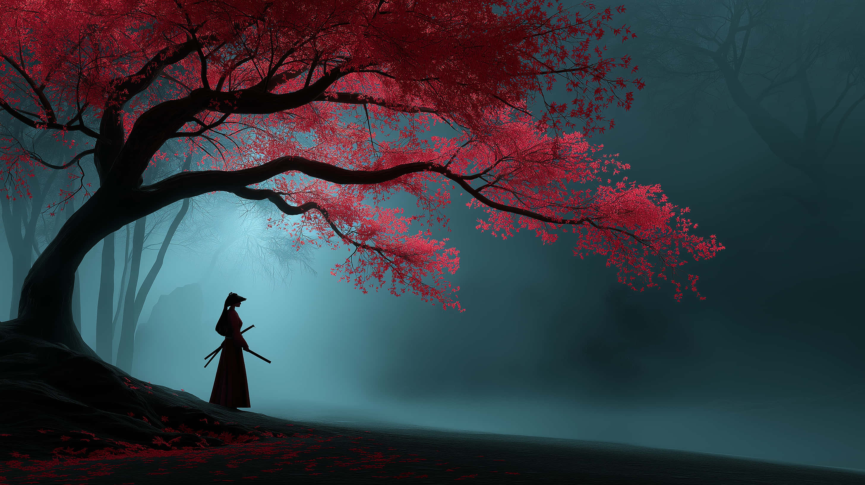mysterious samurai figure, ancient blossom tree, vibrant red cherry blossom tree, 2K Desktop Wallpaper