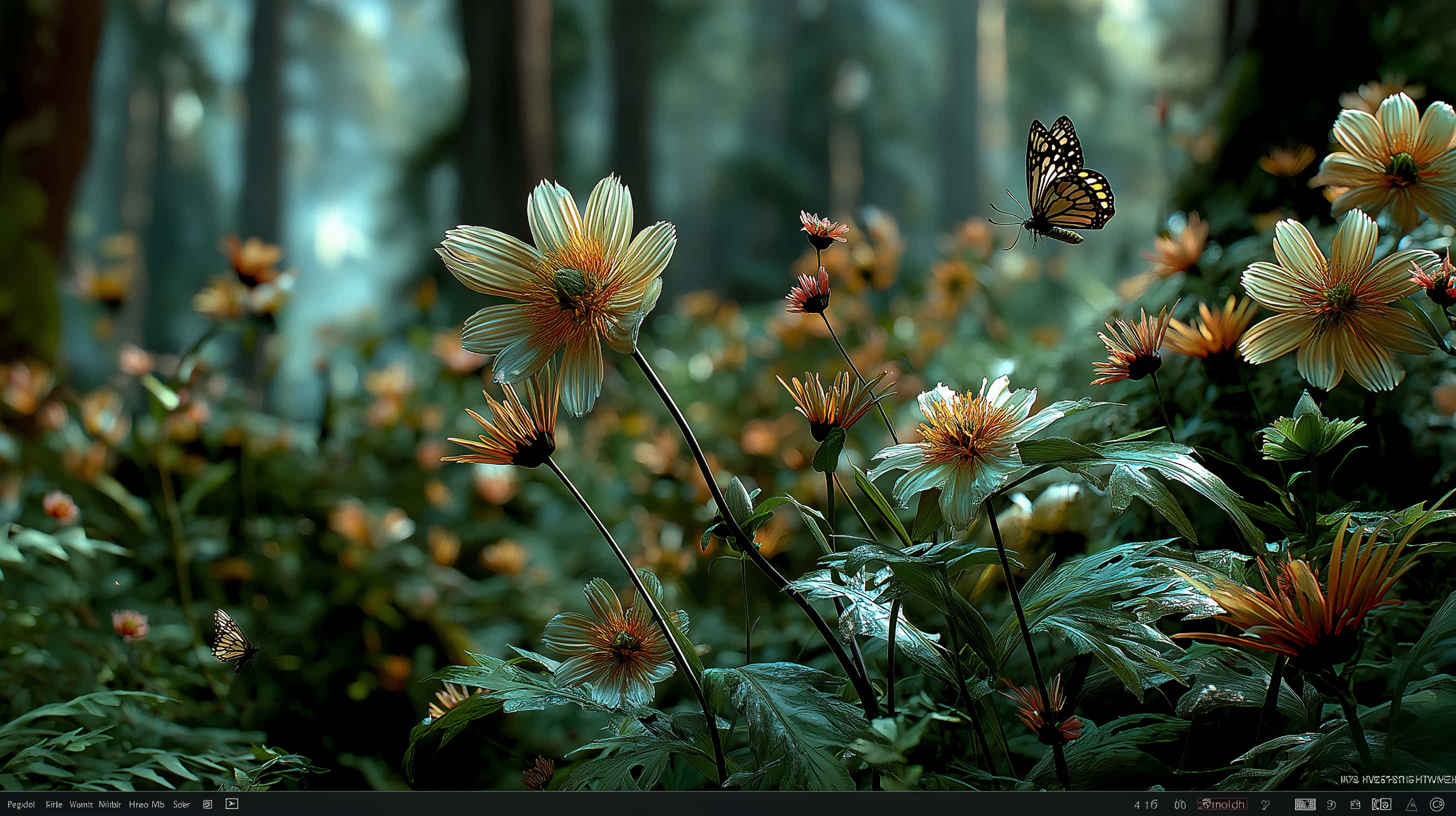 misty forest, sunlight, white and orange flowers, 2K Desktop Wallpaper