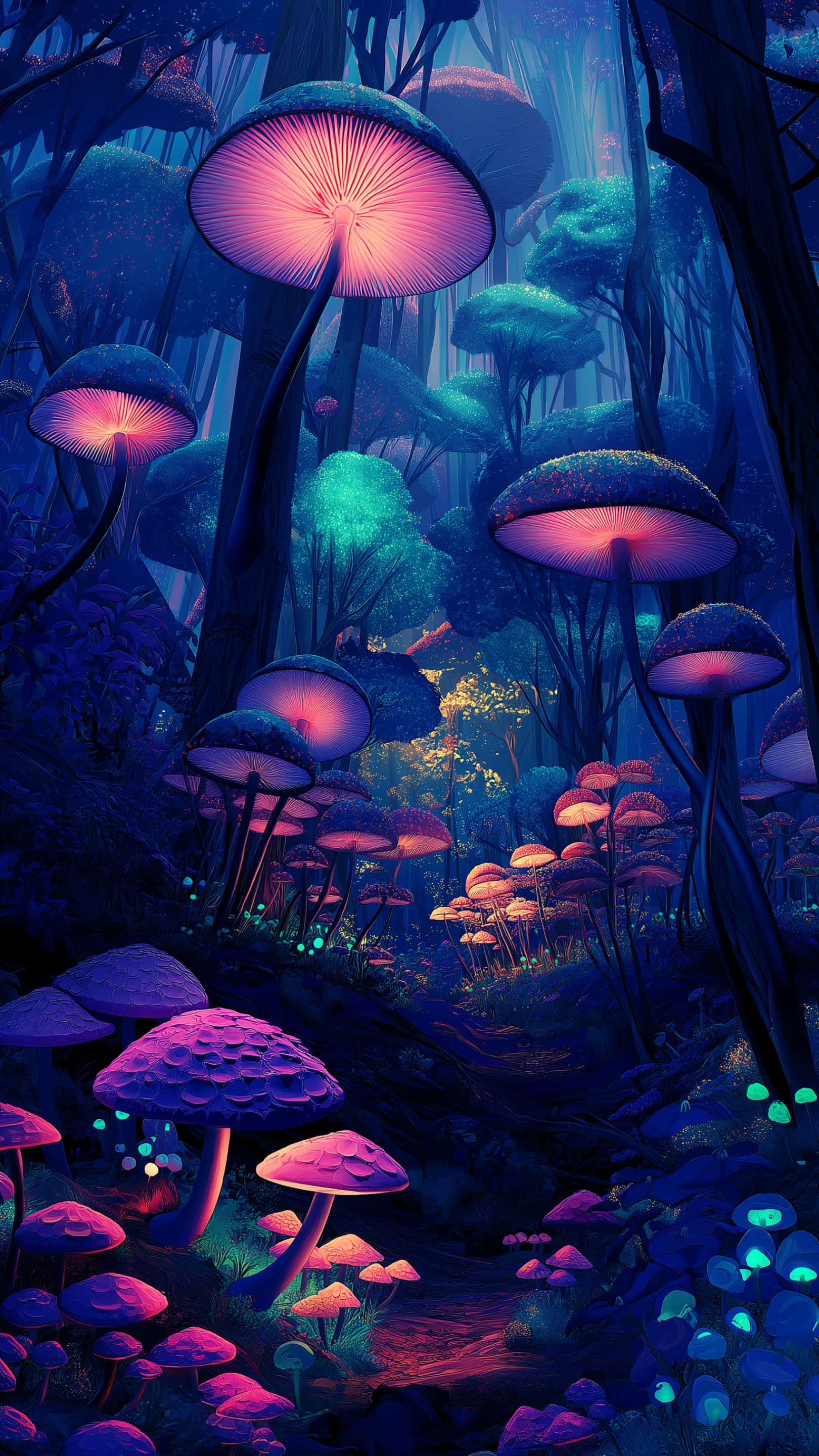 nocturnal forest, glowing pink and purple mushrooms, bioluminescent plants, 2K Phone Wallpaper