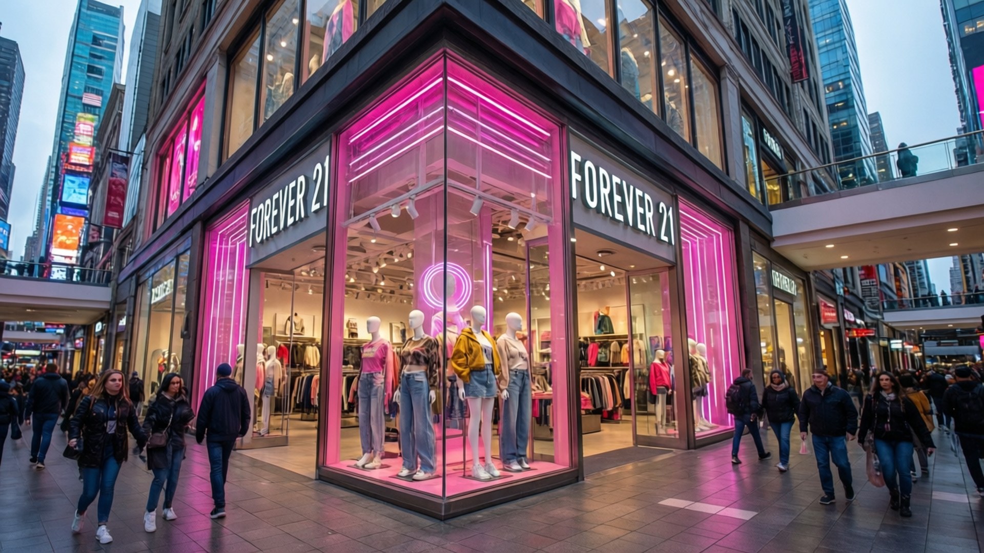Forever 21, pink neon-lit, city mall storefront, Full HD Desktop Wallpaper