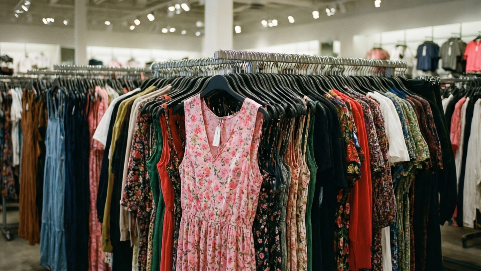 Forever 21, colorful clothing racks, pink floral dress, Full HD Desktop Wallpaper